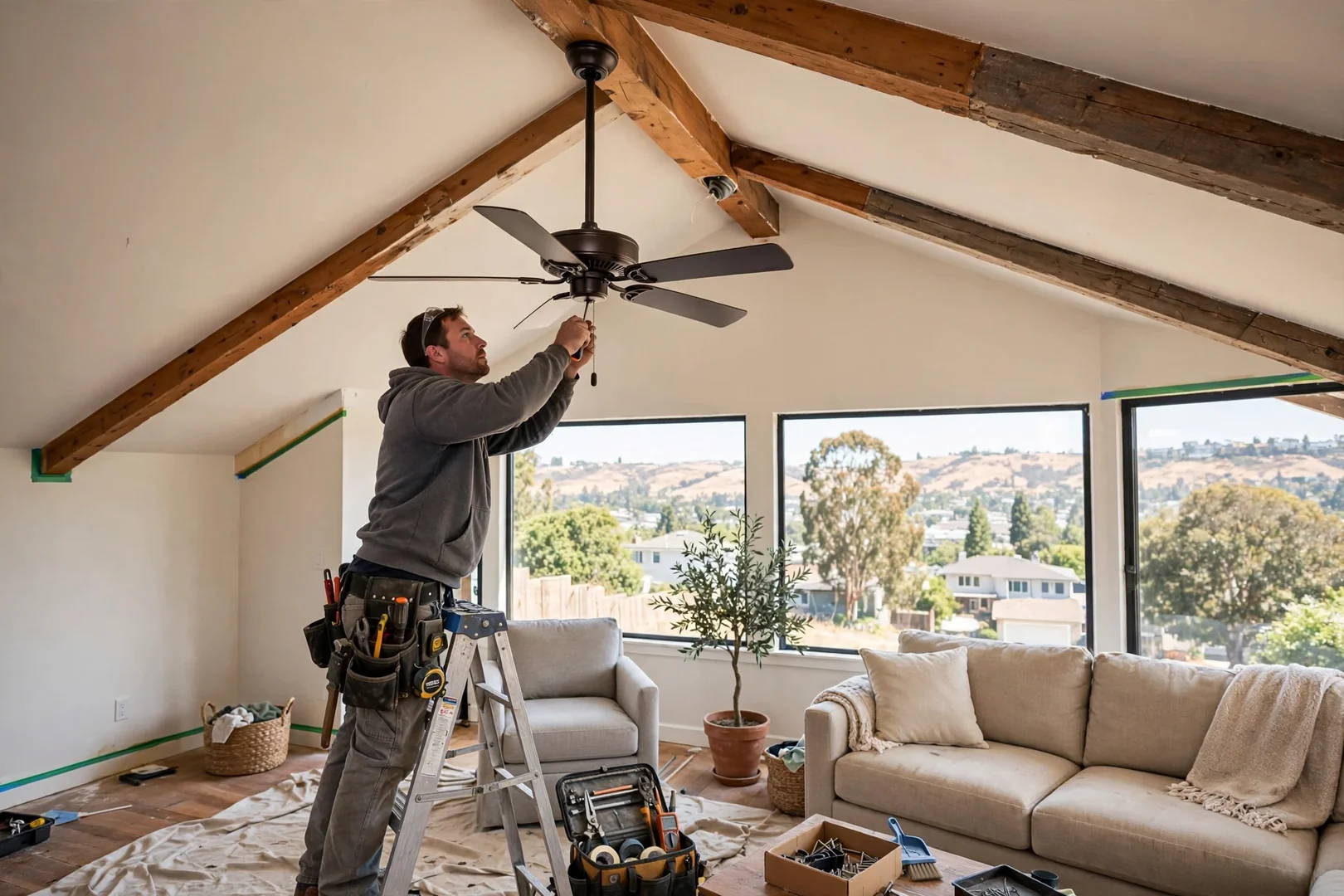 Large ceiling fan mounted on sloped adapter in a vaulted Dublin living room