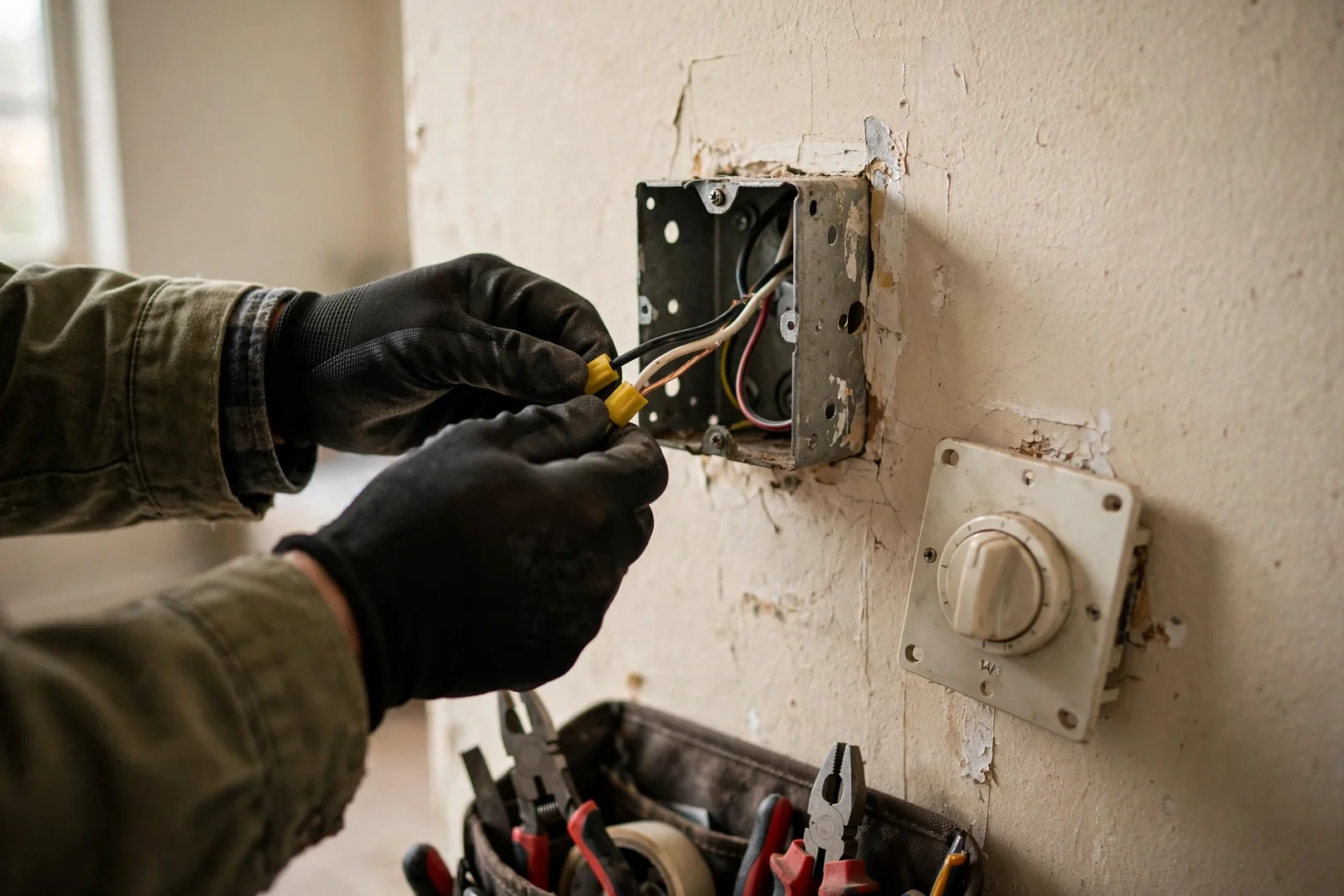 Technician wiring a bedroom ceiling fan with separate wall control switch