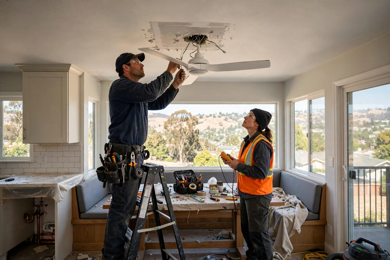 Low profile hugger ceiling fan finished above a bright kitchen dining nook