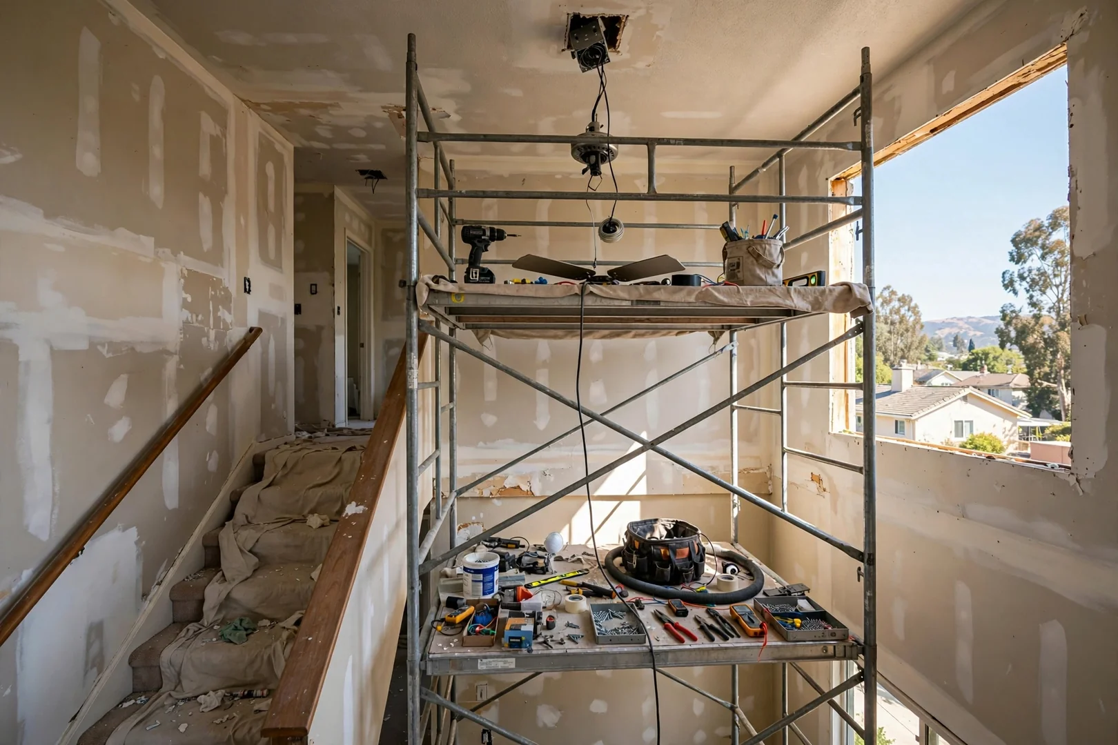 Scaffold set up in a two story stairwell for high ceiling fan installation