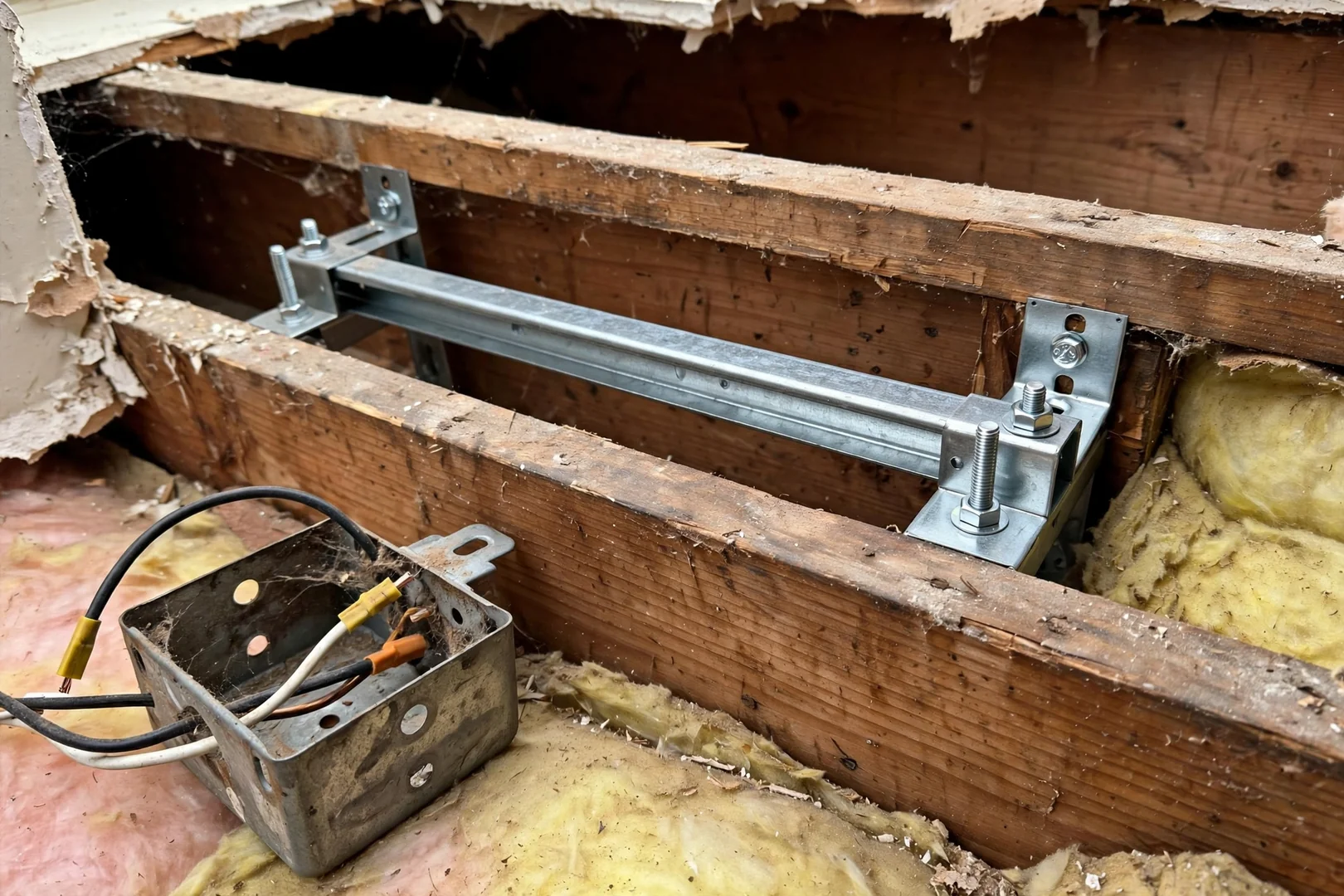 Old sagging ceiling box removed and replaced with fan rated braced support