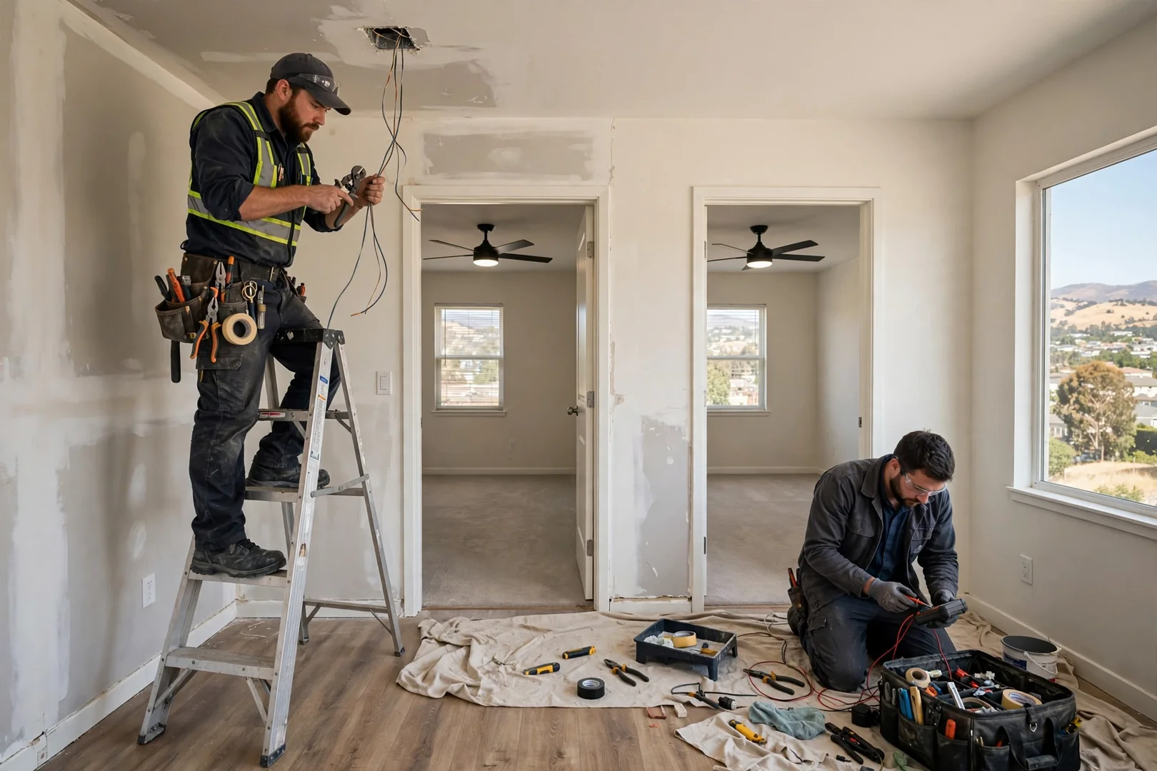 Multiple matching ceiling fans installed across rooms of a Dublin rental property