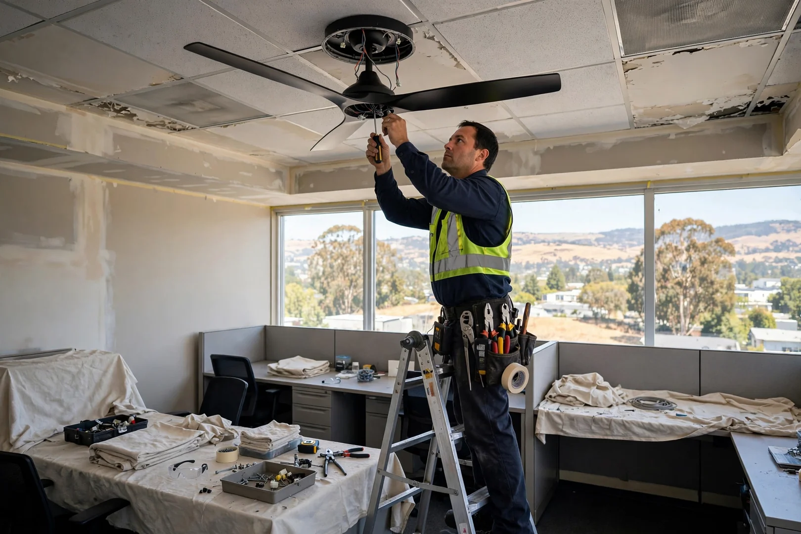 Smart ceiling fan with remote receiver installed in a small office suite