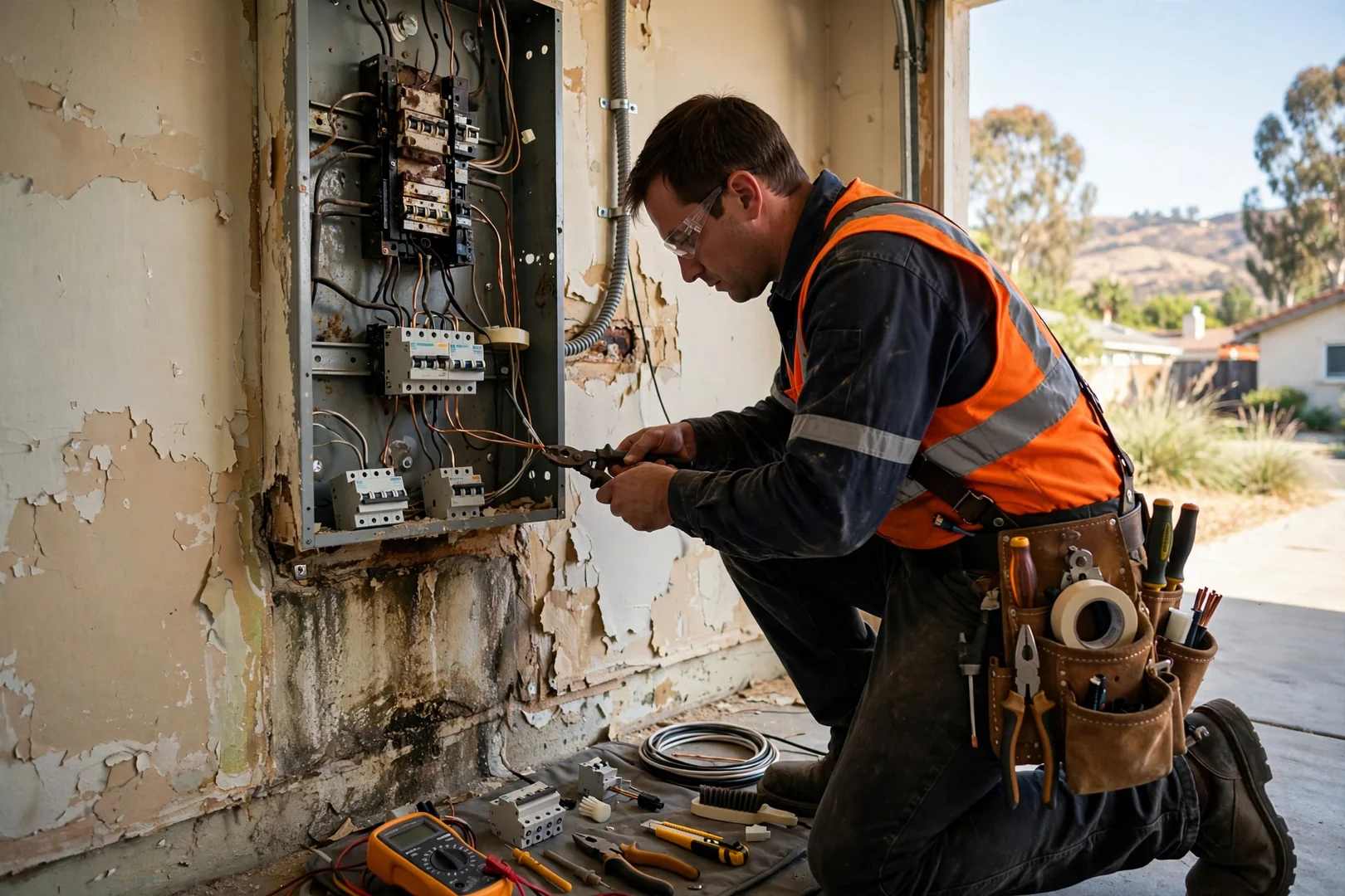 Electrician measuring breaker amperage inside a residential electrical panel in Dublin