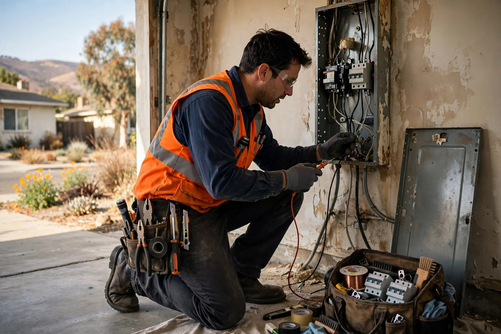 Electrician testing a repaired circuit breaker inside a Dublin home electrical panel