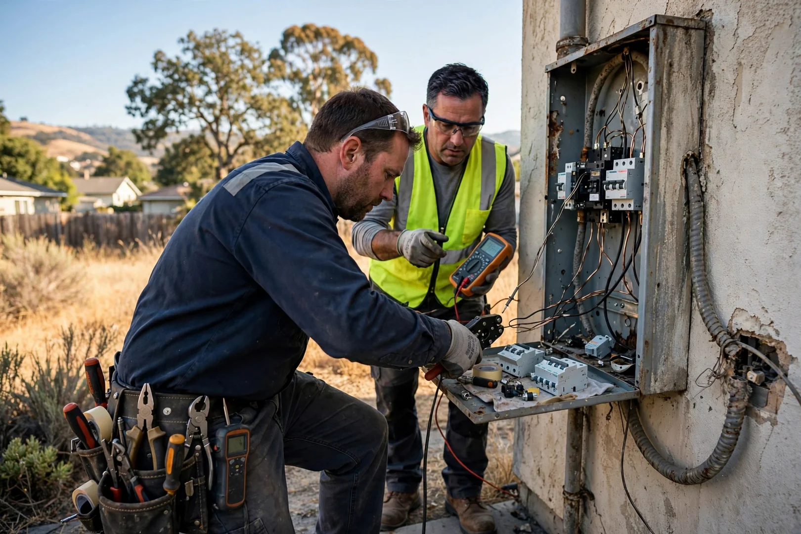 Electrician testing breaker amperage inside a Dublin home panel