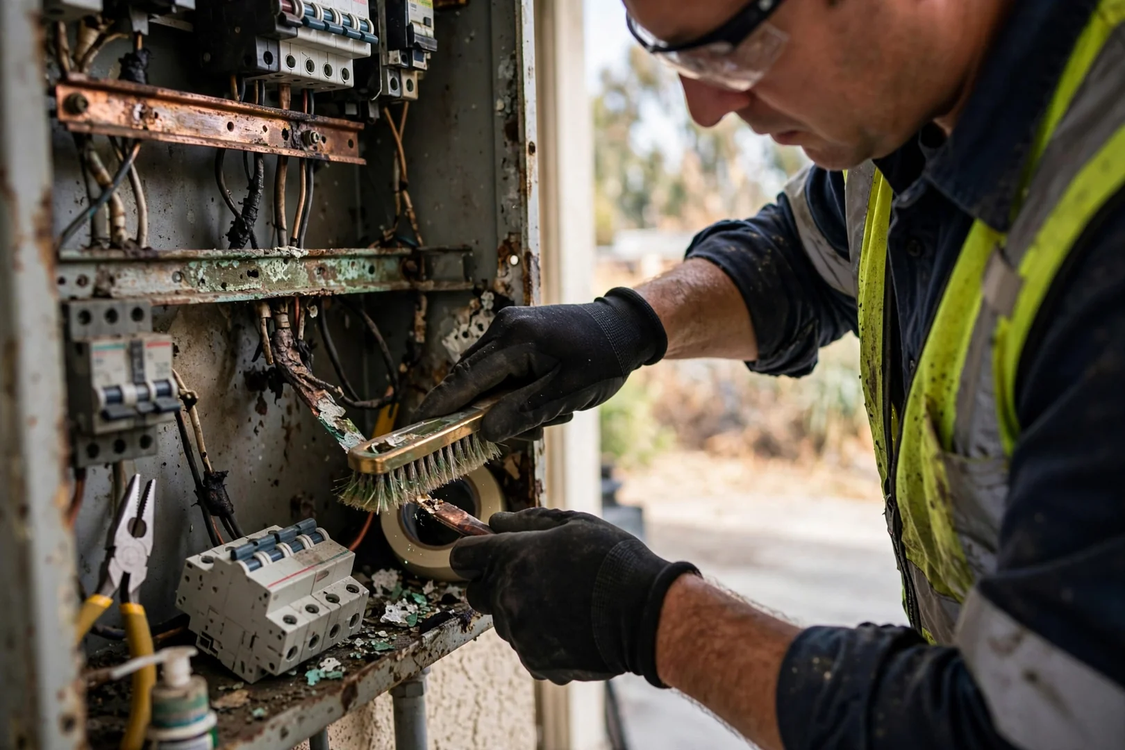Technician resetting a tripped breaker after correcting an overloaded circuit