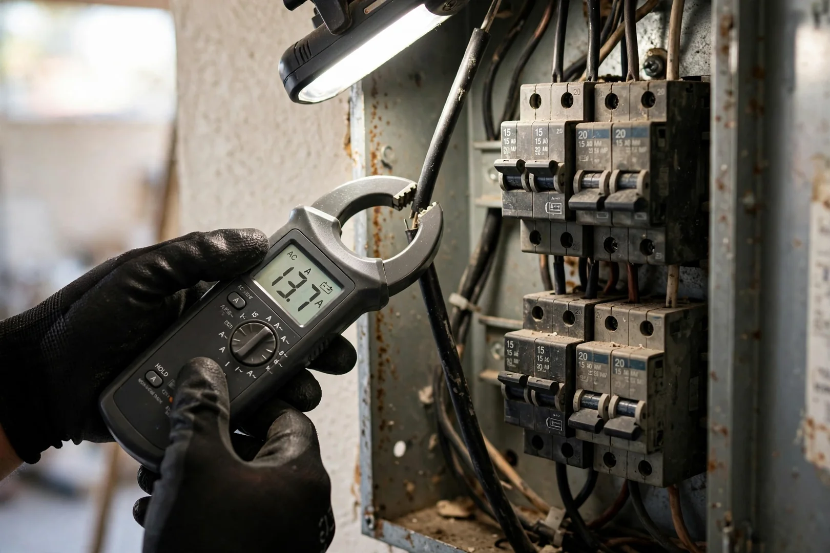 Clamp meter reading amperage on a kitchen branch circuit during breaker diagnosis
