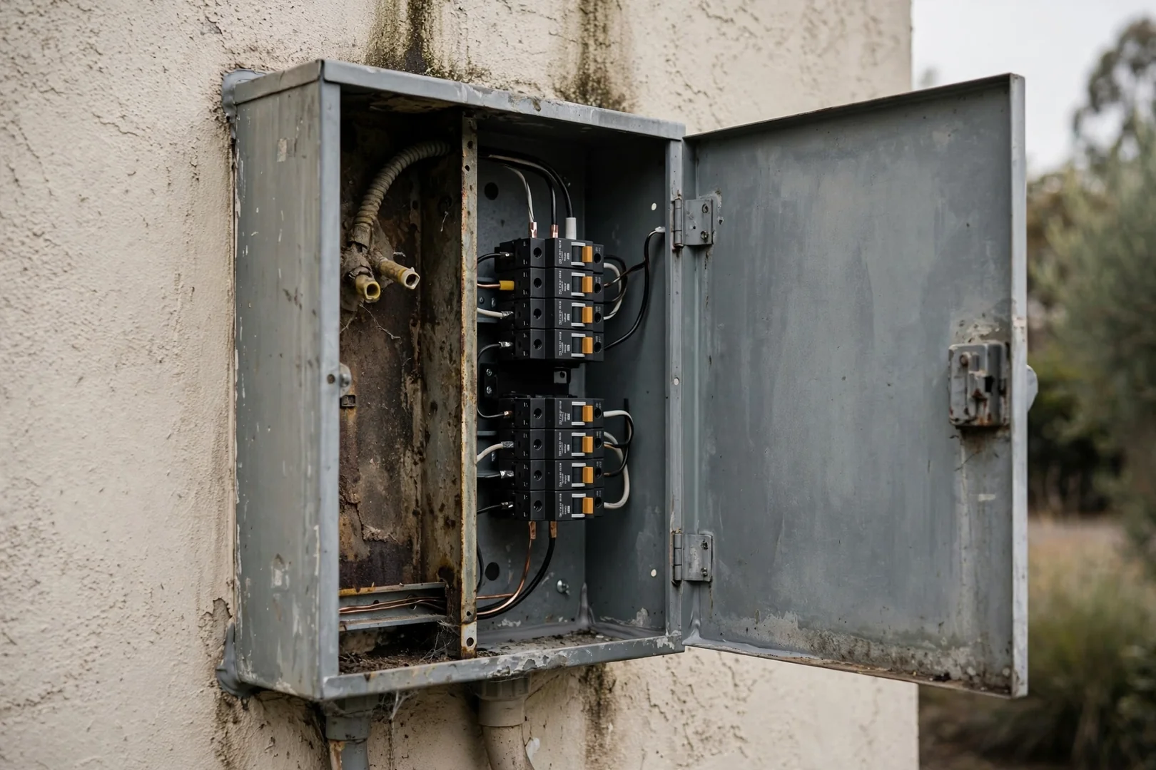 Outdoor condominium breaker enclosure rebuilt after moisture damage and corrosion cleanup