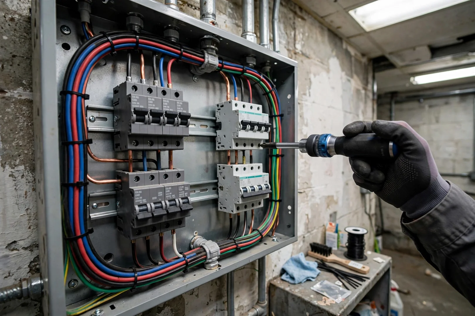 Three-phase panelboard breaker repair underway in a Dublin retail suite back room