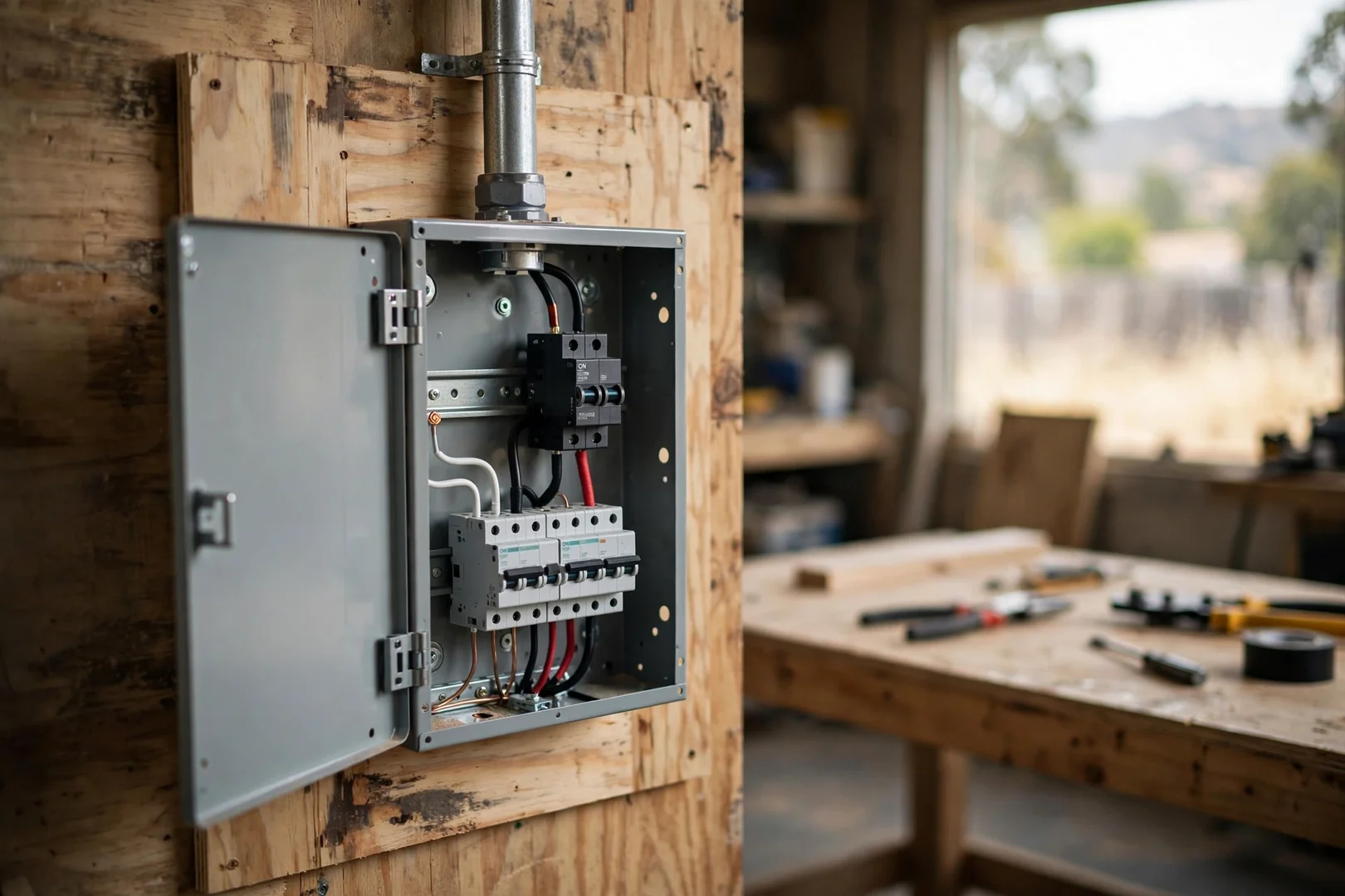 Workshop subpanel with repaired two-pole breaker restored for heavy tool loads