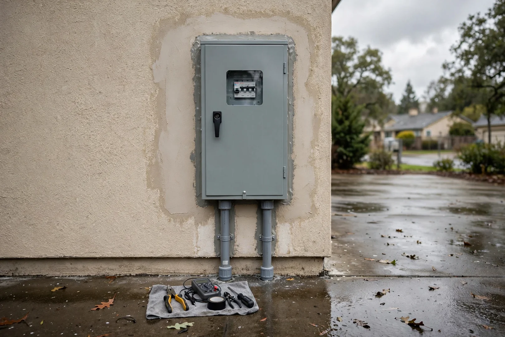 Exterior main service panel restored after a storm-related main breaker failure