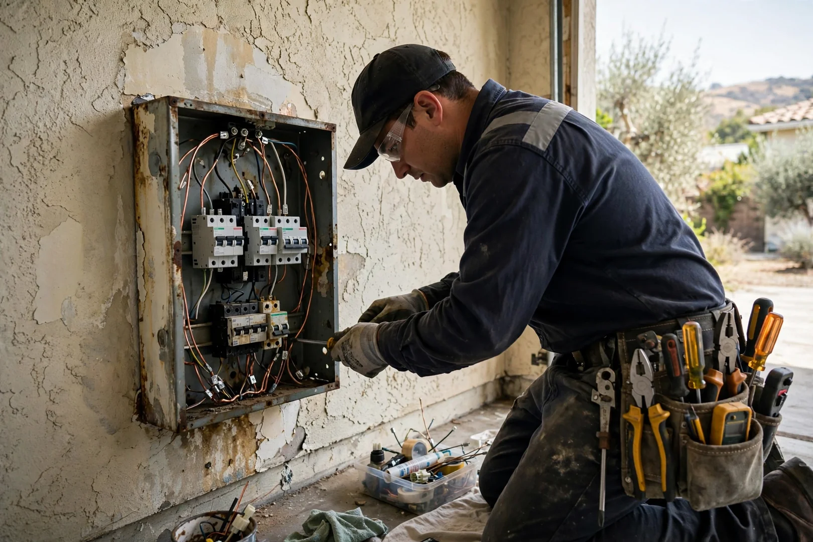 Technician reviewing repaired breaker panel documentation with a homeowner in Dublin California