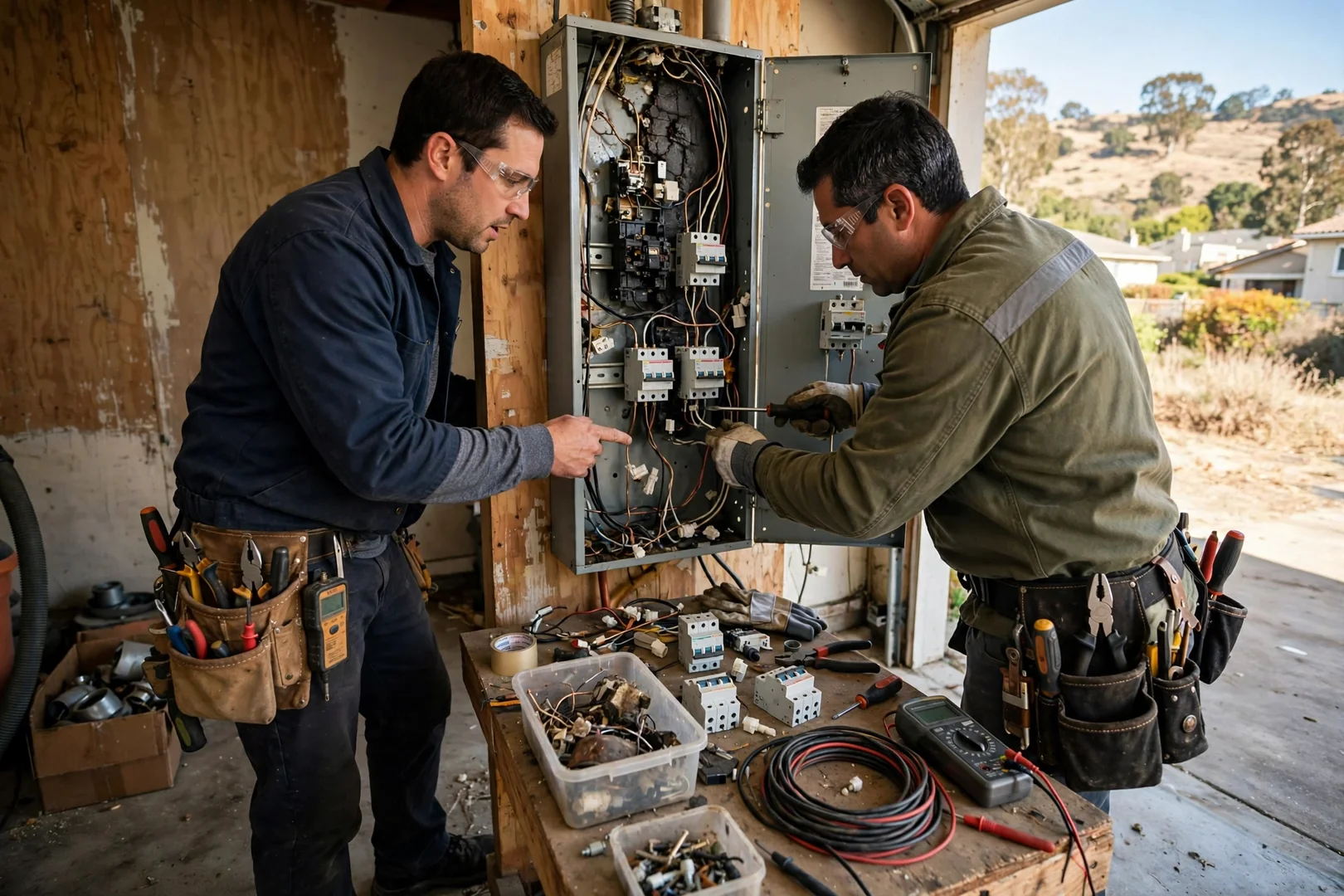 Electrician reviewing inspection findings with a Dublin homeowner beside an open service panel