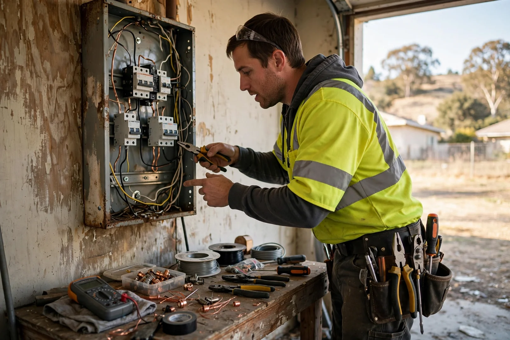 Electrician testing panel breakers during a Dublin home inspection