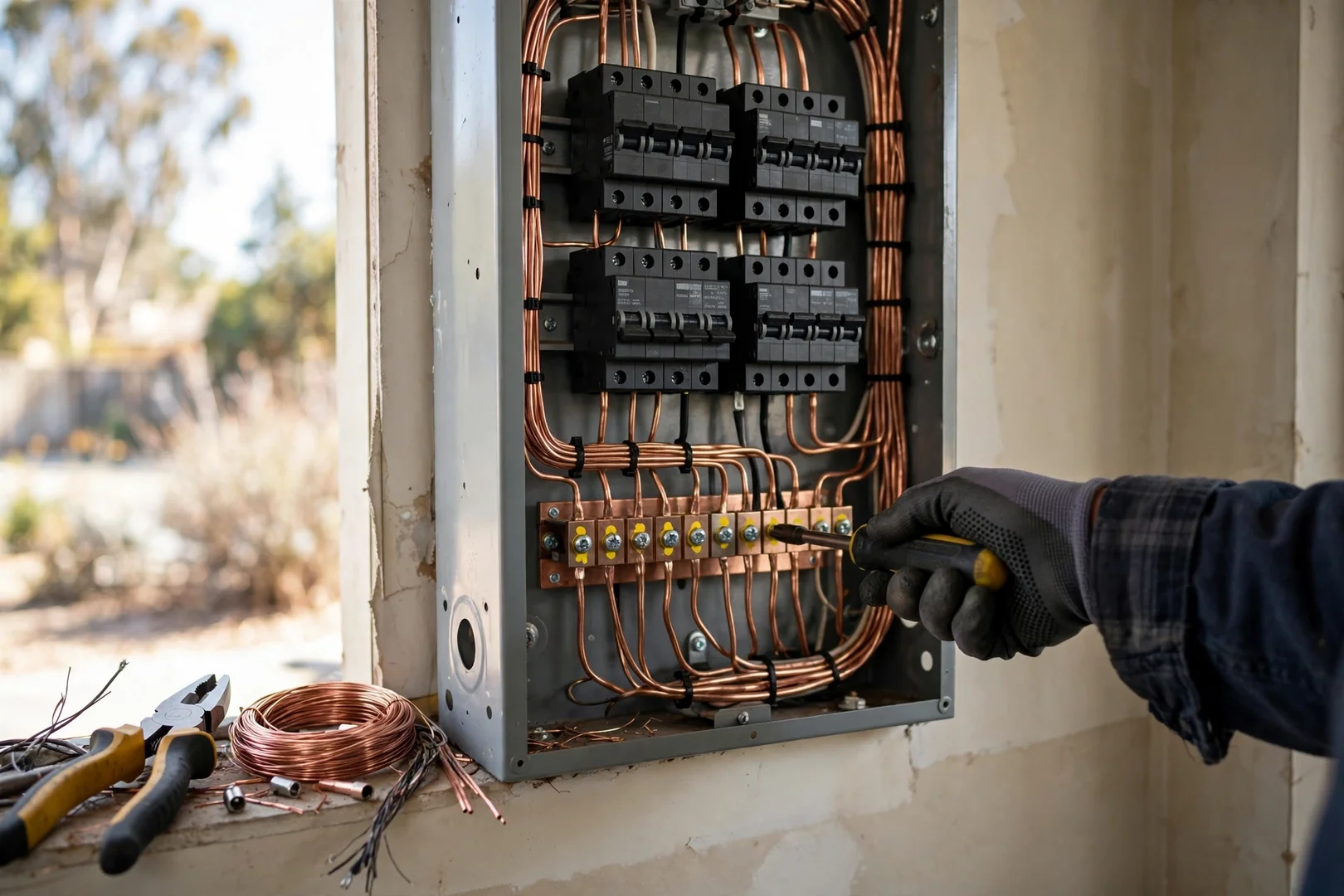 Open residential electrical panel with labeled breakers during an inspection on a Dublin ranch home
