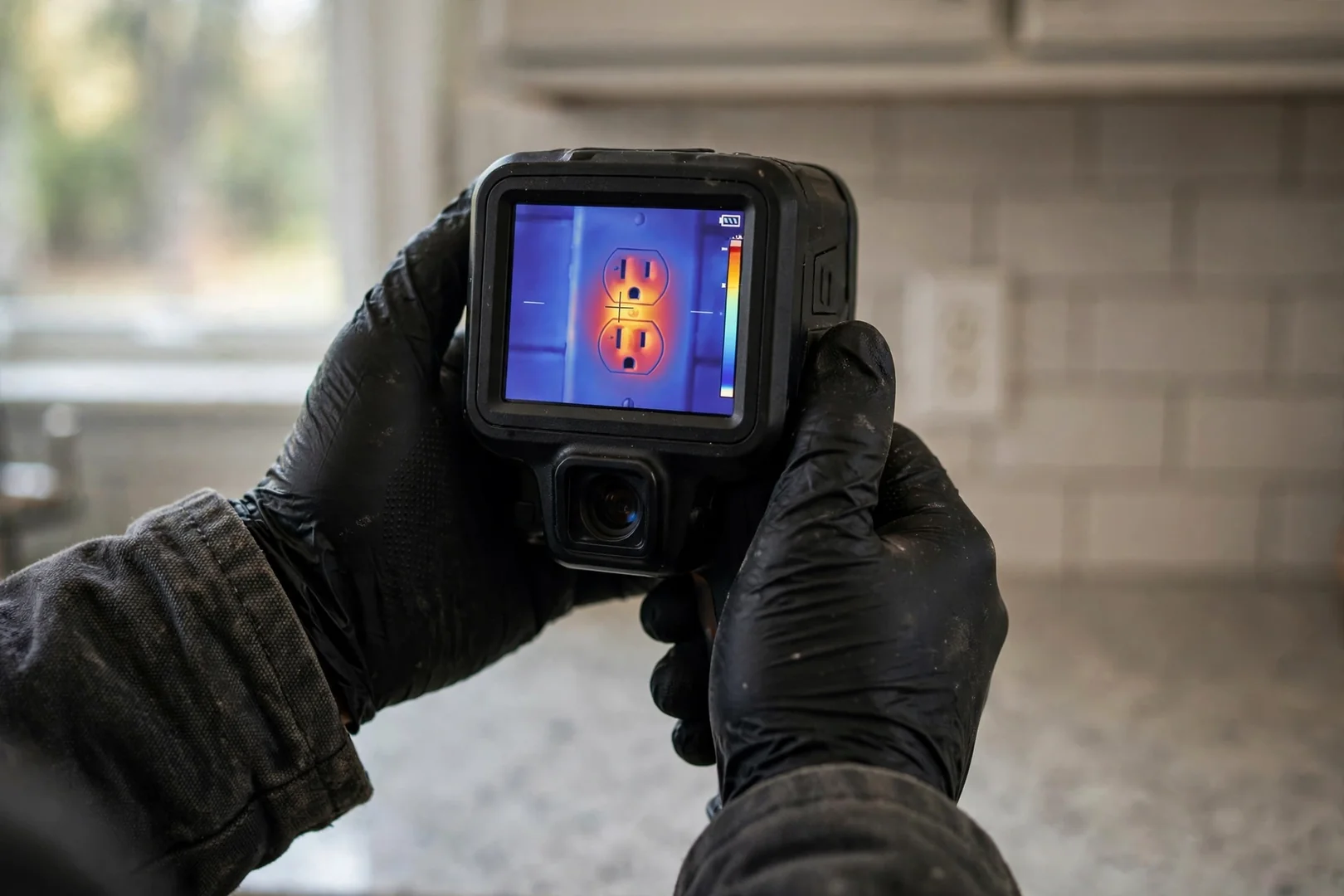 Thermal imaging camera scanning kitchen outlet circuits for heat buildup during electrical inspection