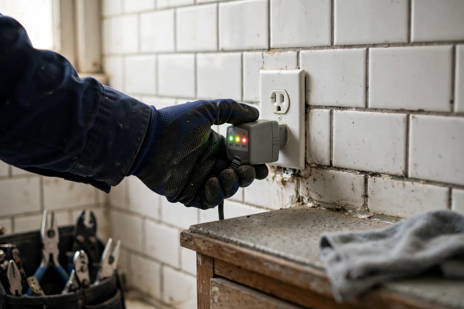 Technician testing bathroom GFCI outlet with a plug-in circuit analyzer during condo inspection
