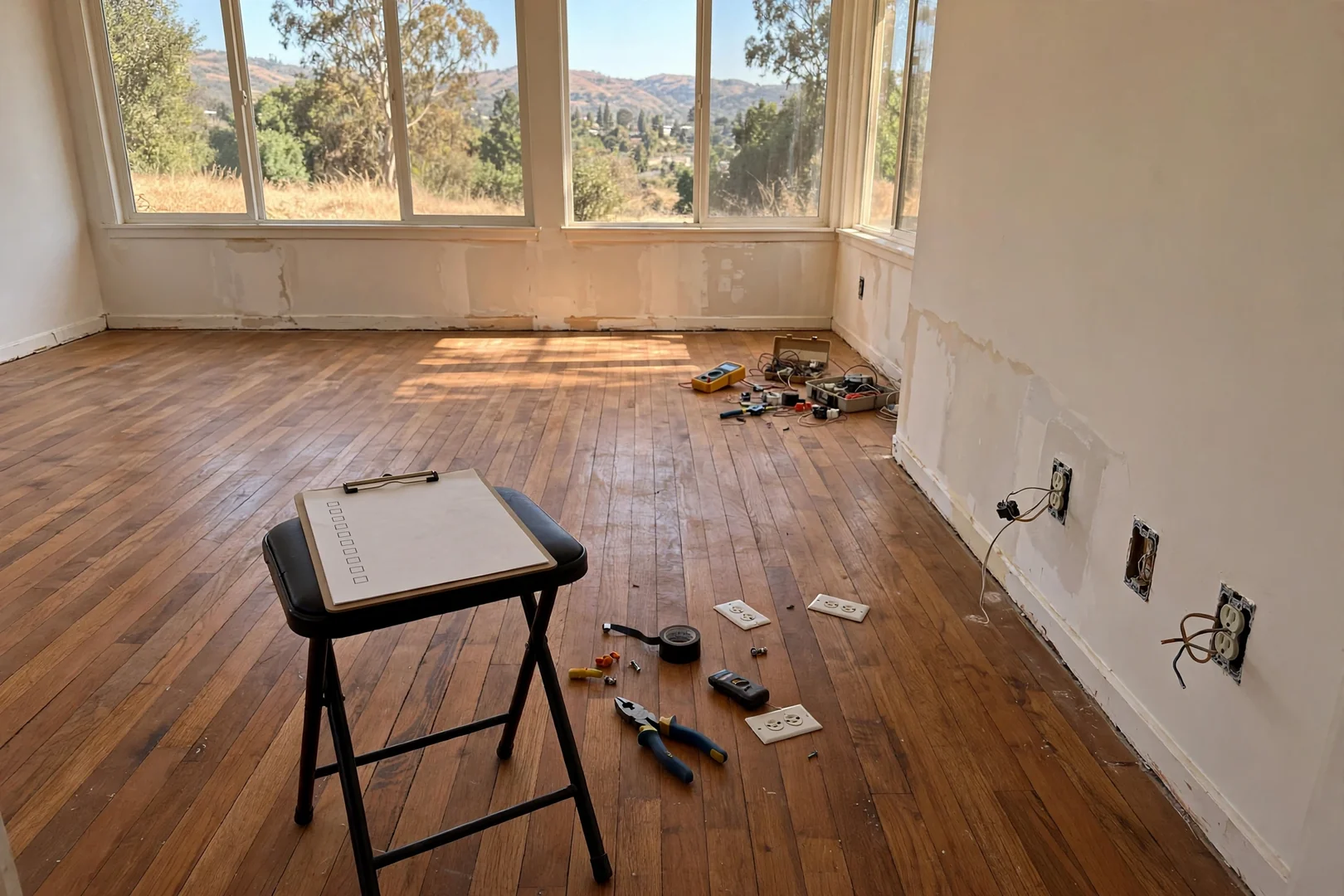 Inspection report clipboard beside tested wall outlets in an empty Dublin living room