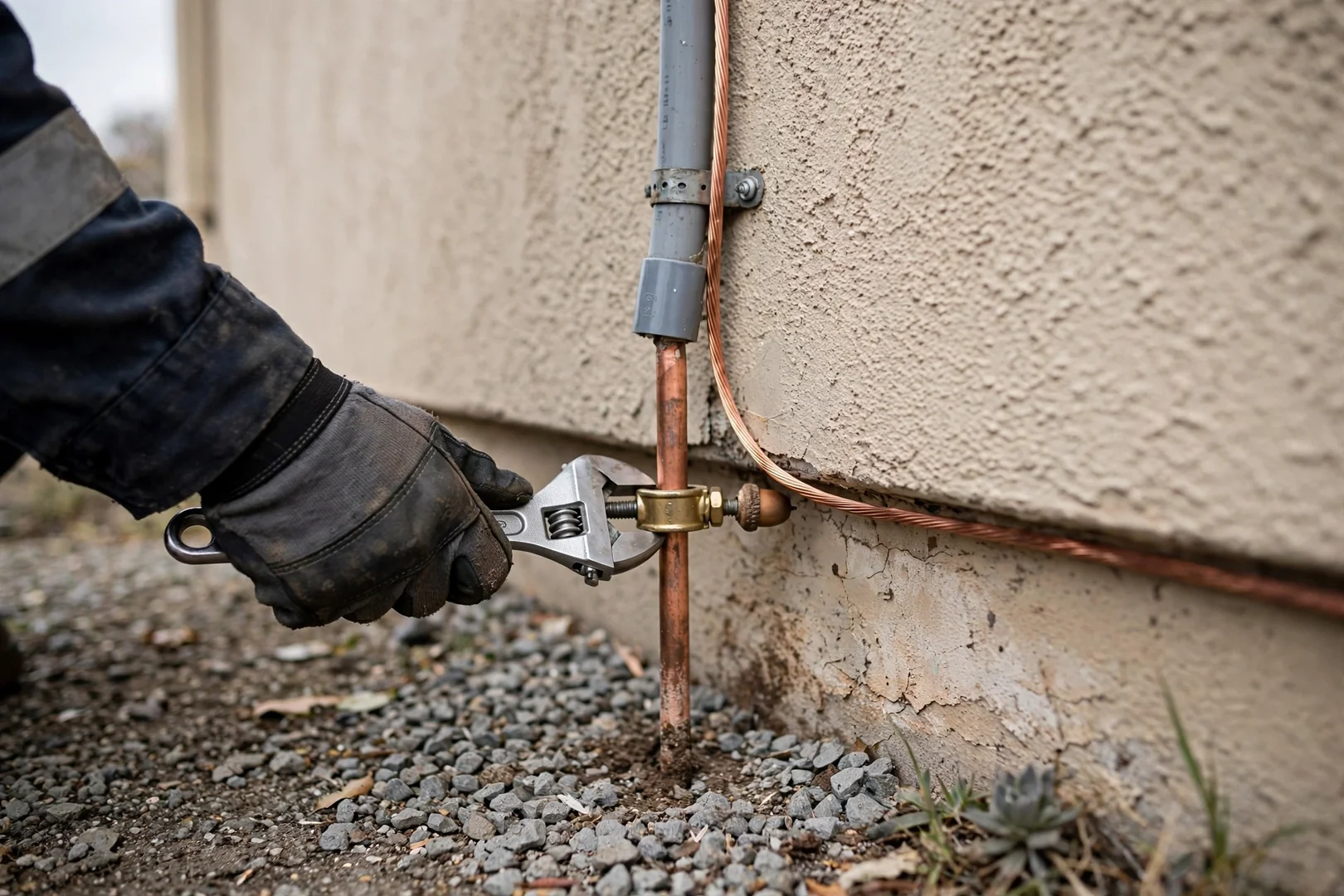 Ground rod clamp and bonding conductor inspected along an exterior commercial building wall
