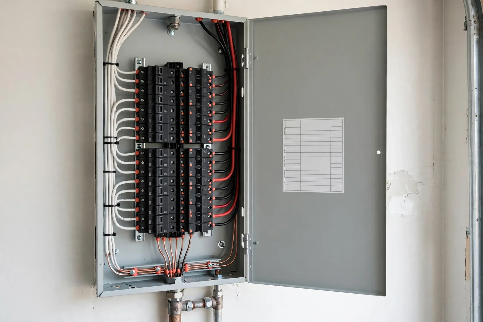 Restored subpanel with tidy conductor routing photographed after corrective repairs passed reinspection