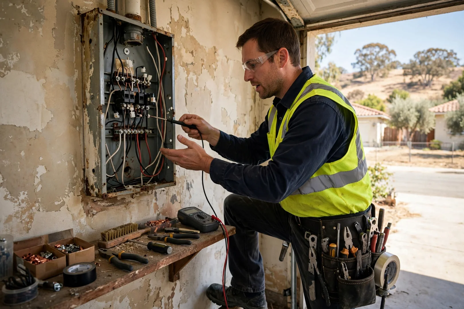 Technician testing panel breakers during a residential electrical inspection in Dublin