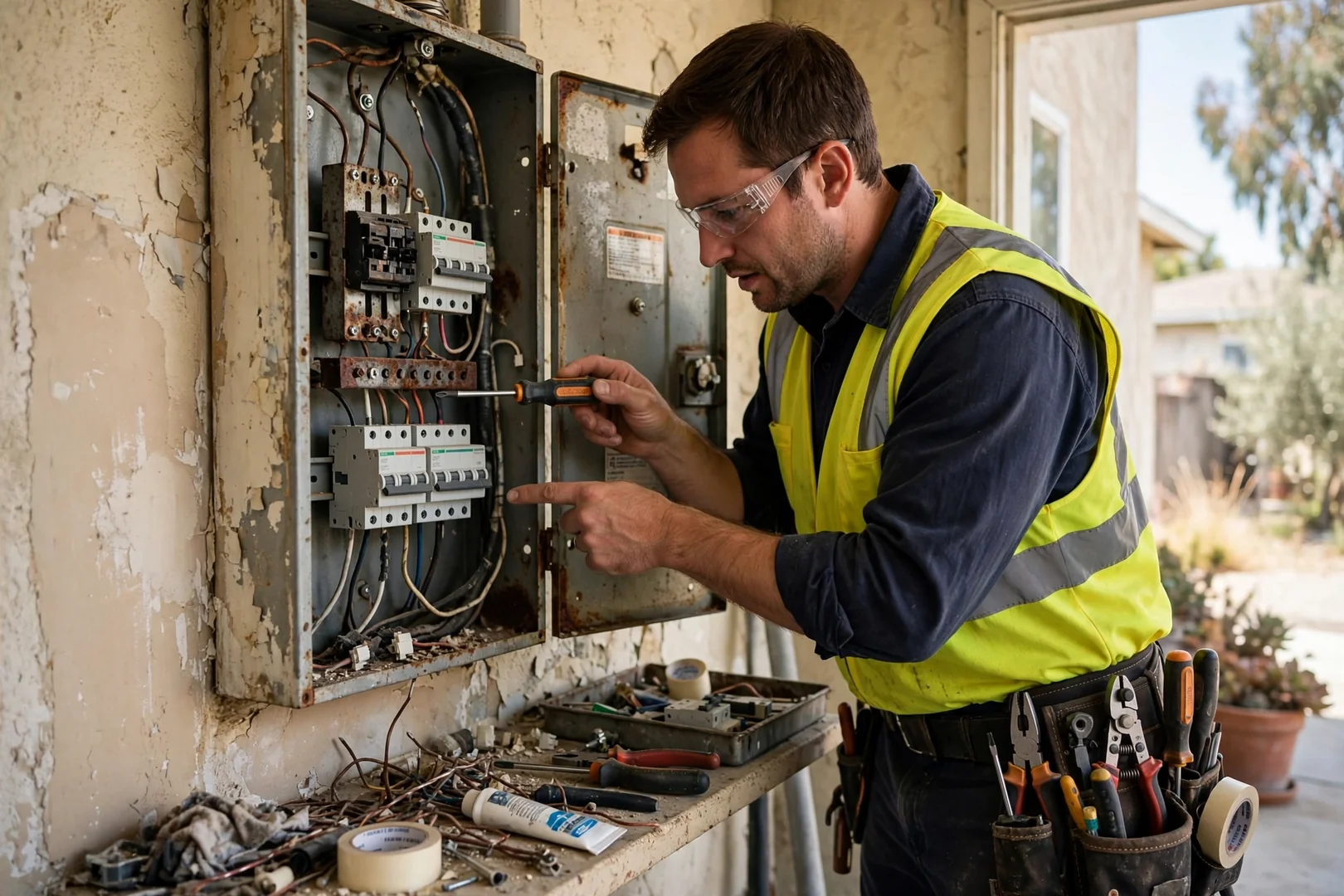 Technician measuring breaker voltage inside an open residential electrical panel in Dublin