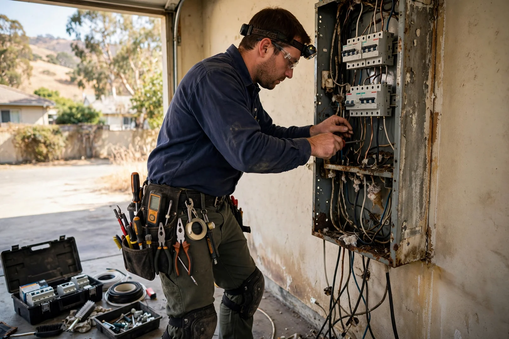 Licensed electrician repairing a residential electrical panel in a Dublin home garage