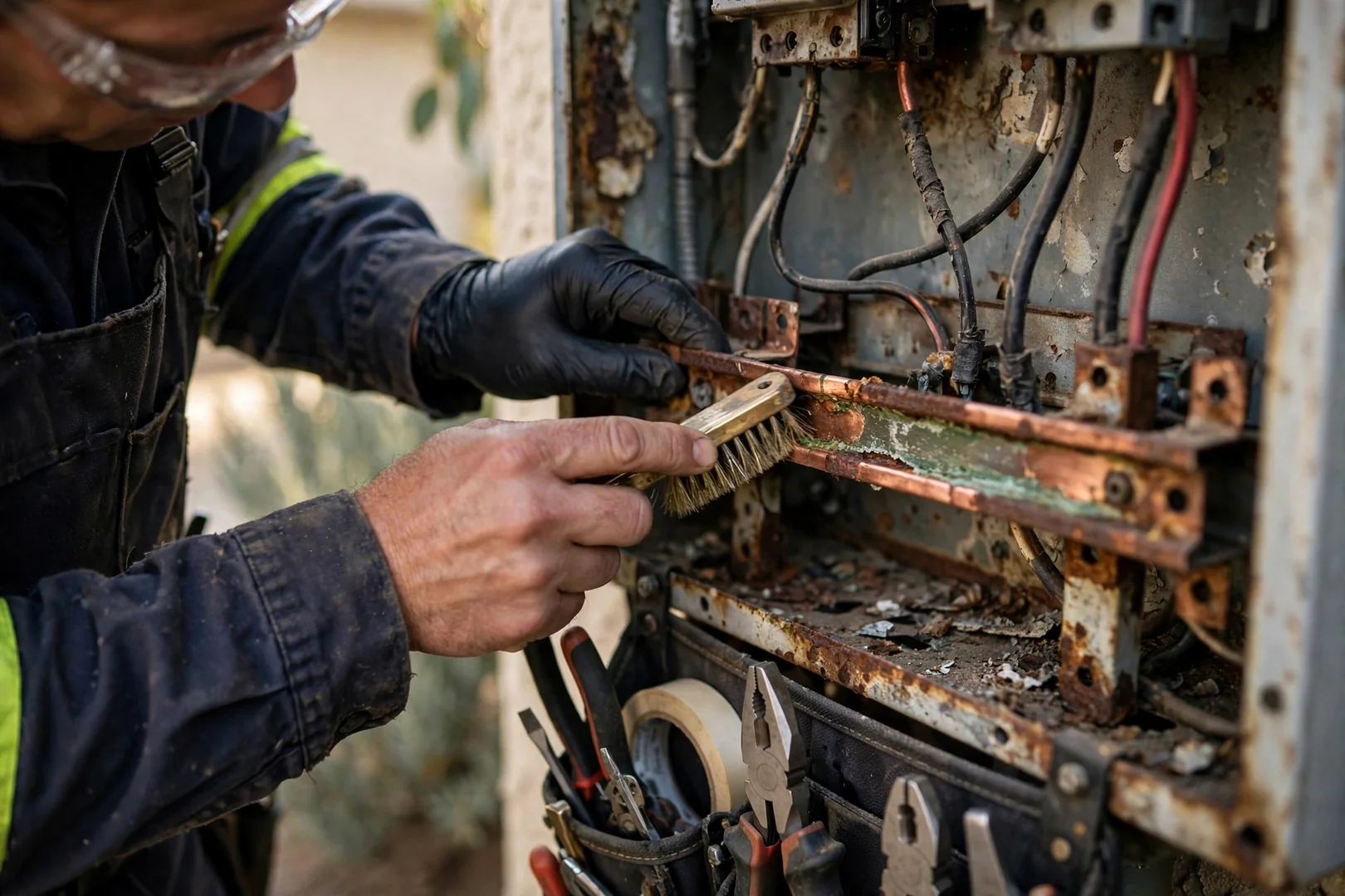 Technician measuring circuit load with an amp clamp at a residential panel