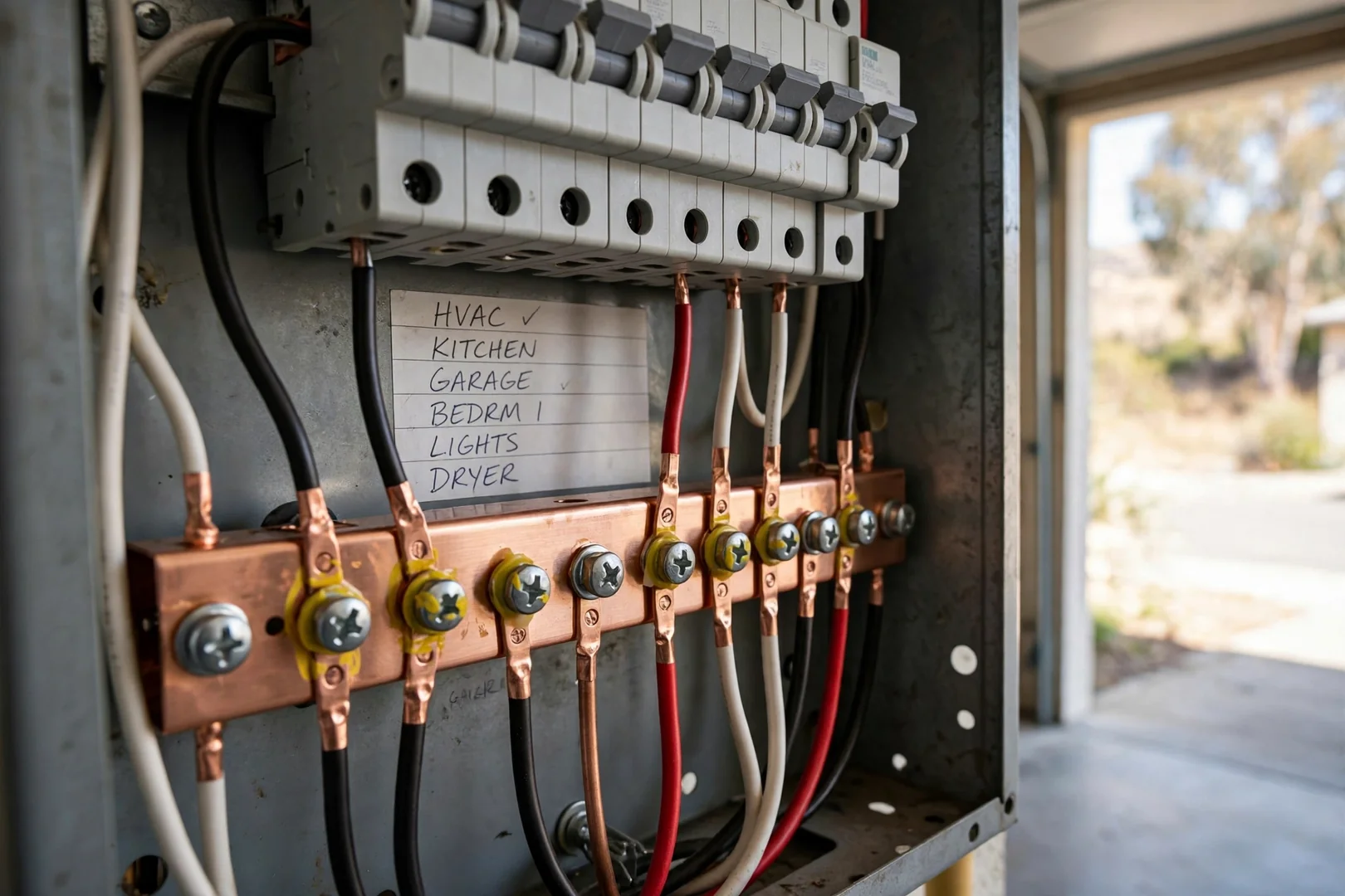 Restored main bus bar inside a residential load center with cleaned copper terminations and labeled circuits