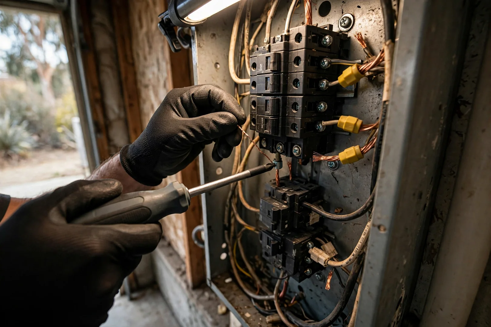 Technician gloved hands torquing a replacement breaker terminal inside an opened residential electrical panel