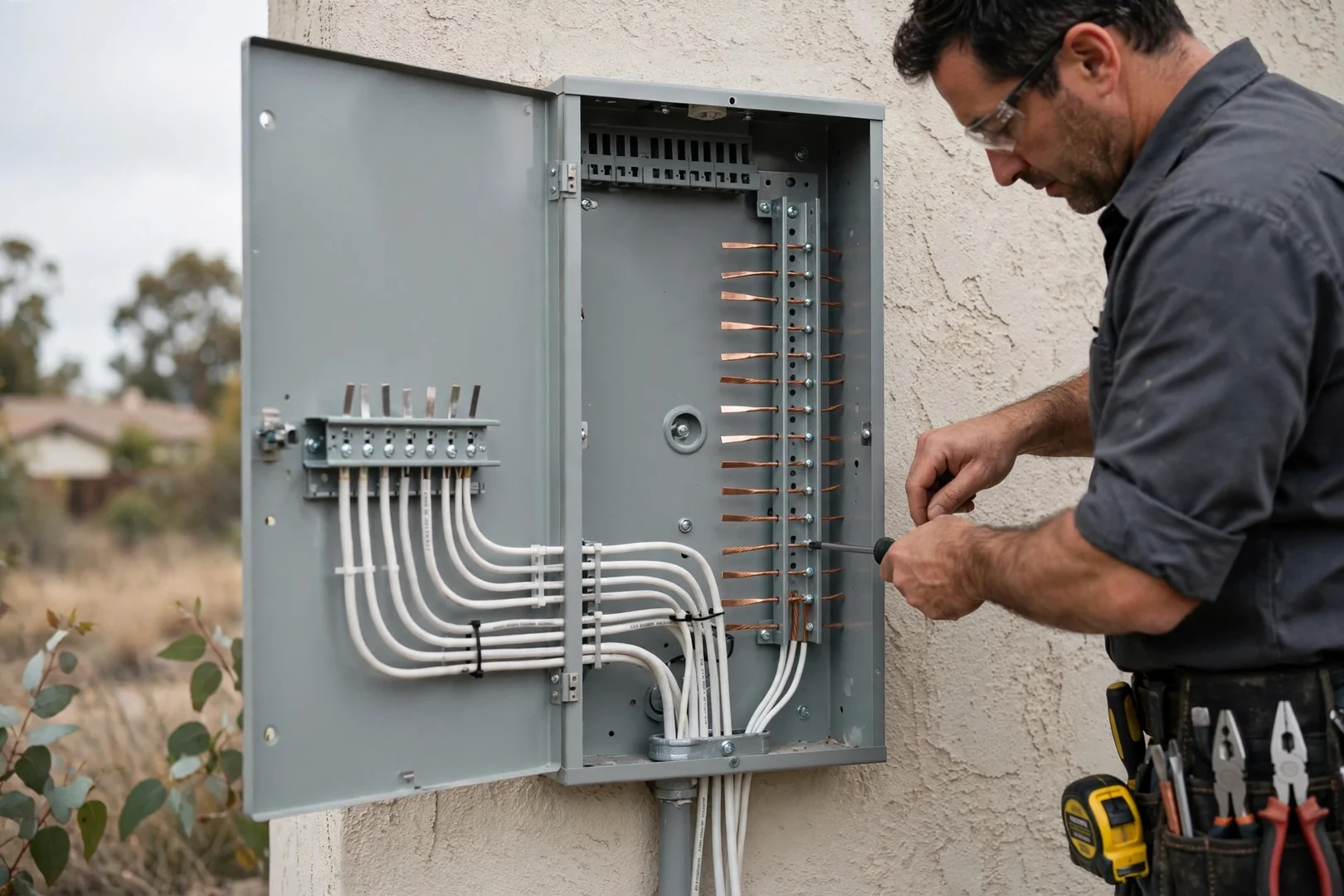 Newly installed neutral and ground bars with organized white conductors inside a residential panel enclosure