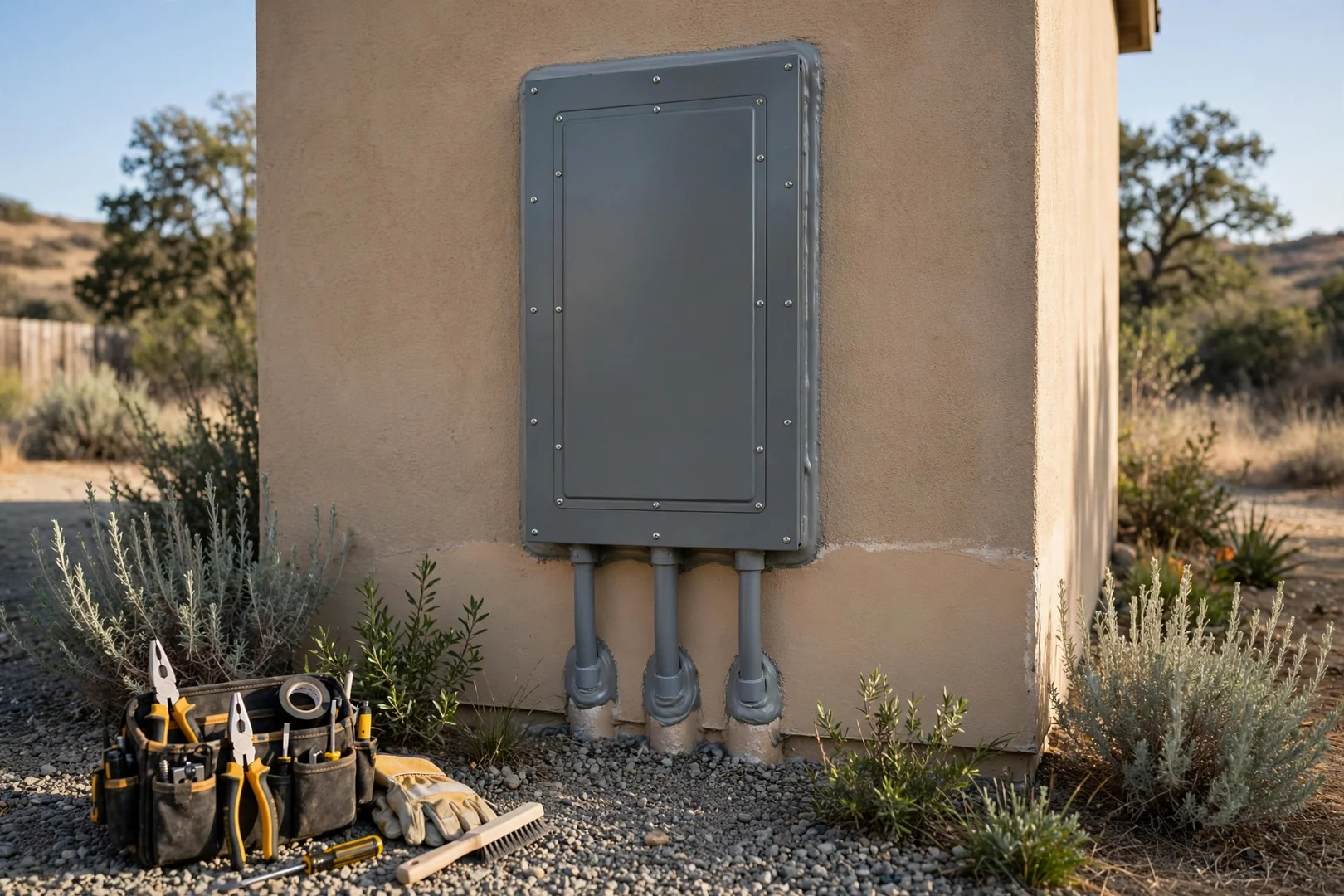 Weatherproofed exterior electrical panel with resealed conduit penetrations mounted on a stucco home wall
