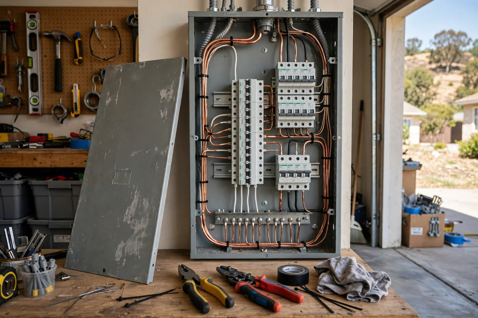 Interior panel view showing corrected single-conductor breaker terminations after double-tap removal
