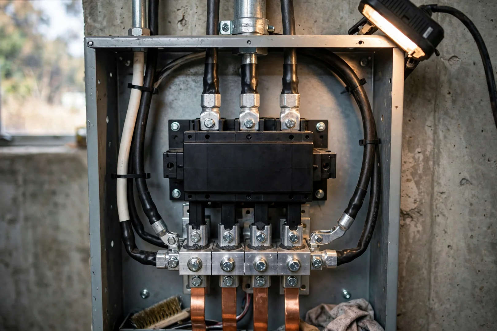 Repaired feeder lug connections and rebuilt main breaker section inside a commercial electrical panel