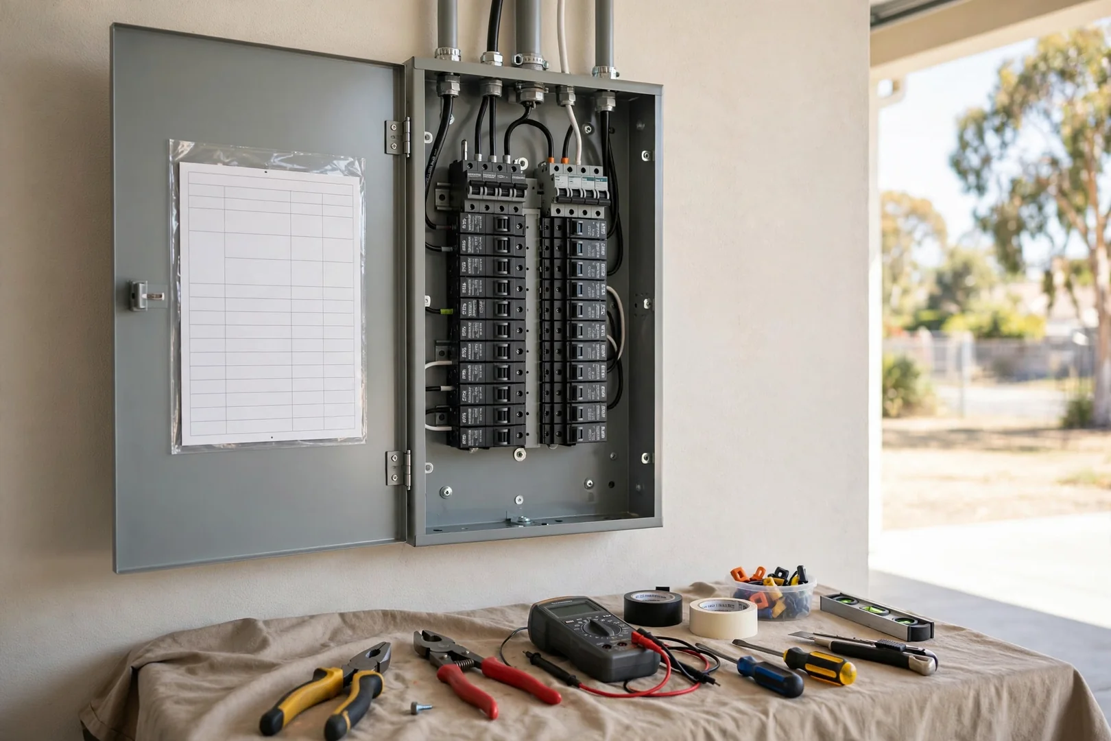 Freshly fitted panel dead front and cover with printed circuit directory in a home garage