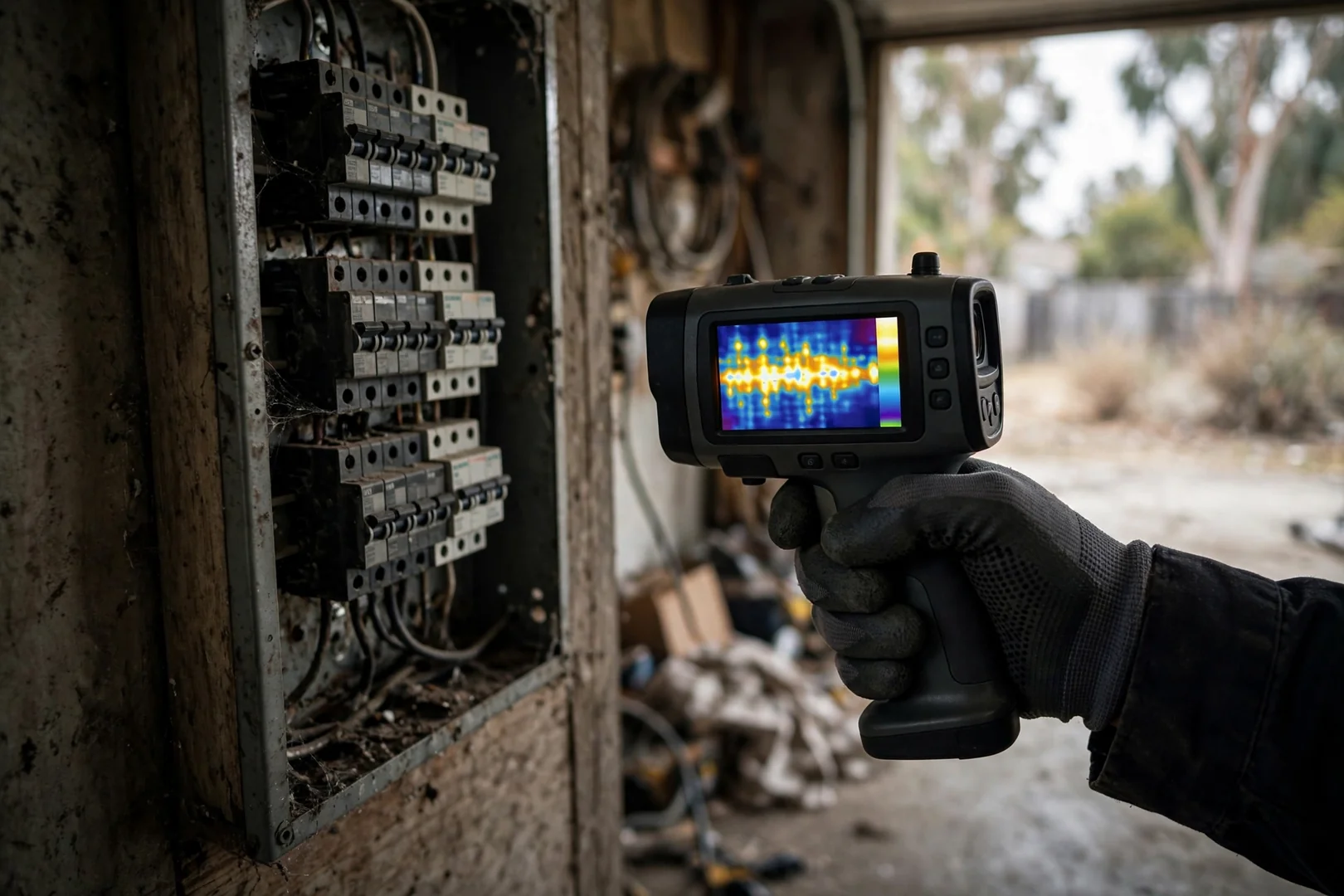Thermal imaging camera scanning breaker rows inside an open residential electrical panel during diagnostics