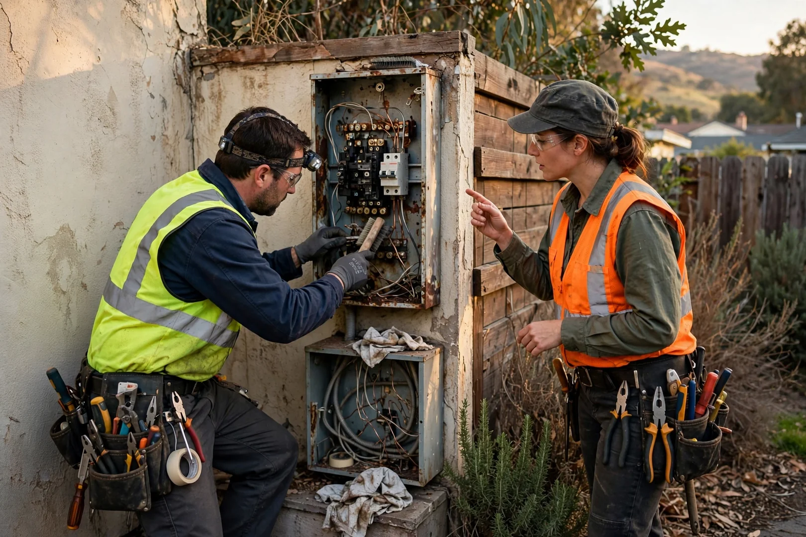 Electrician reviewing load calculations beside a newly installed 200-amp residential panel