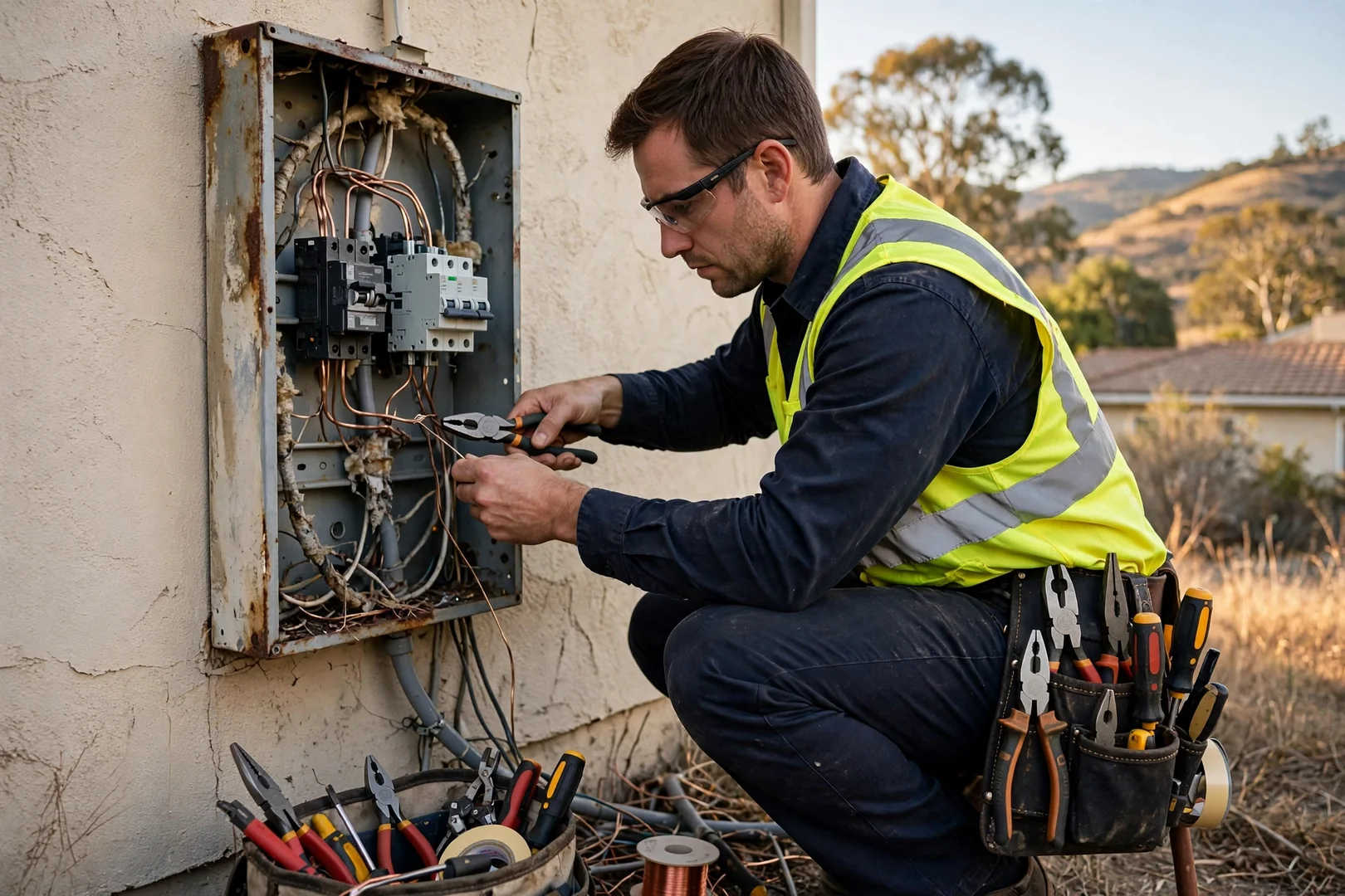 Electrician reviewing a panel upgrade estimate with a homeowner beside an open service panel