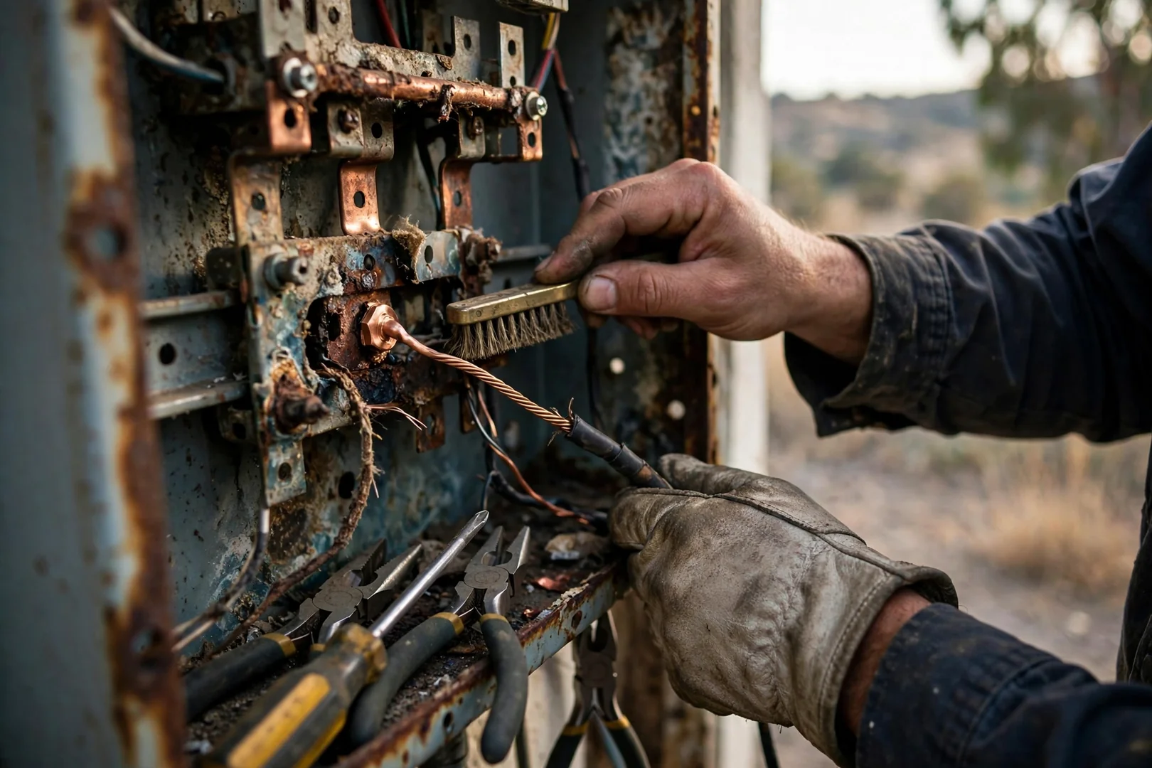 Technician testing circuit loads on an outdated residential load center