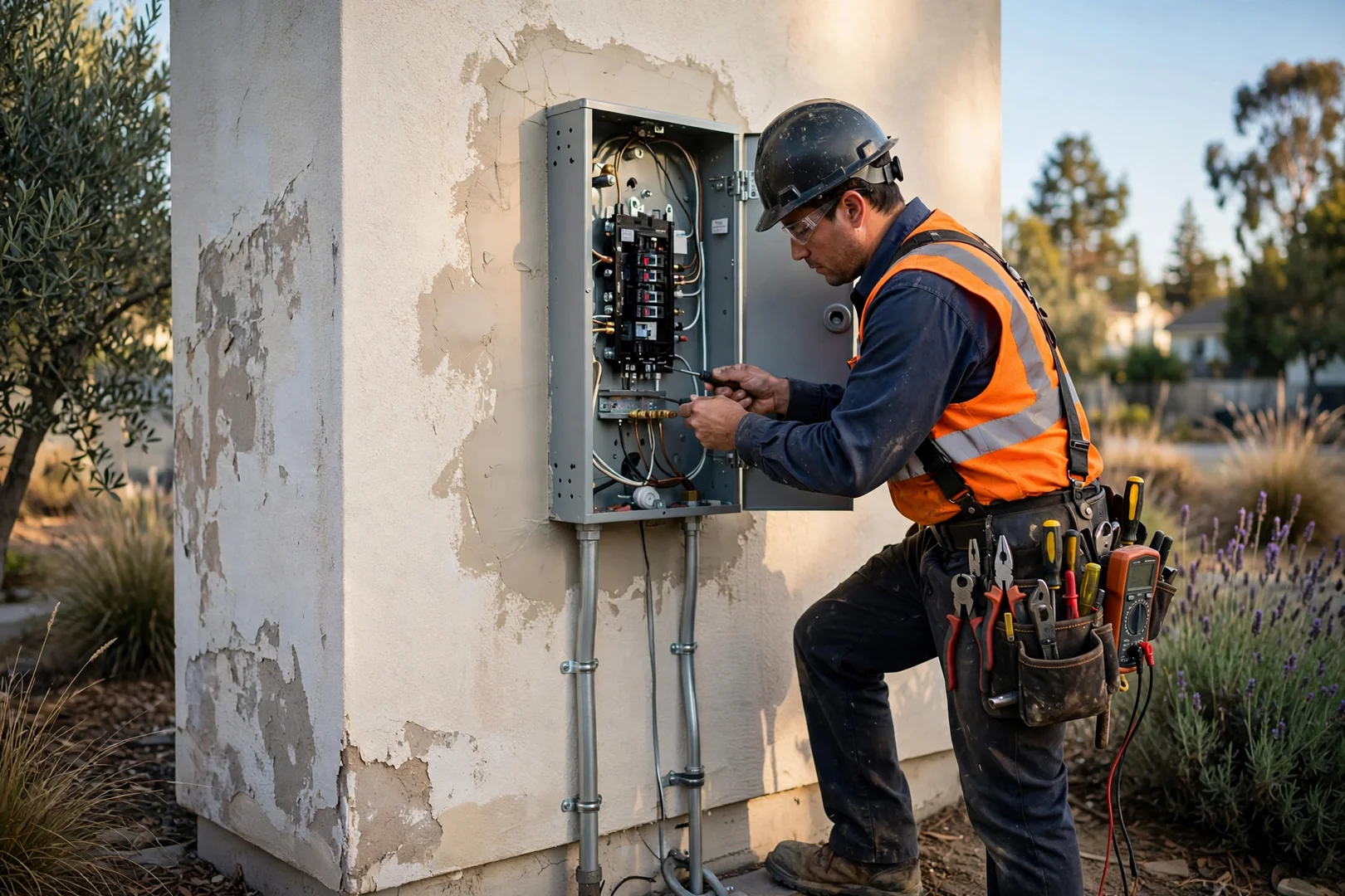 Newly installed 200-amp exterior panel on a stucco Dublin home wall