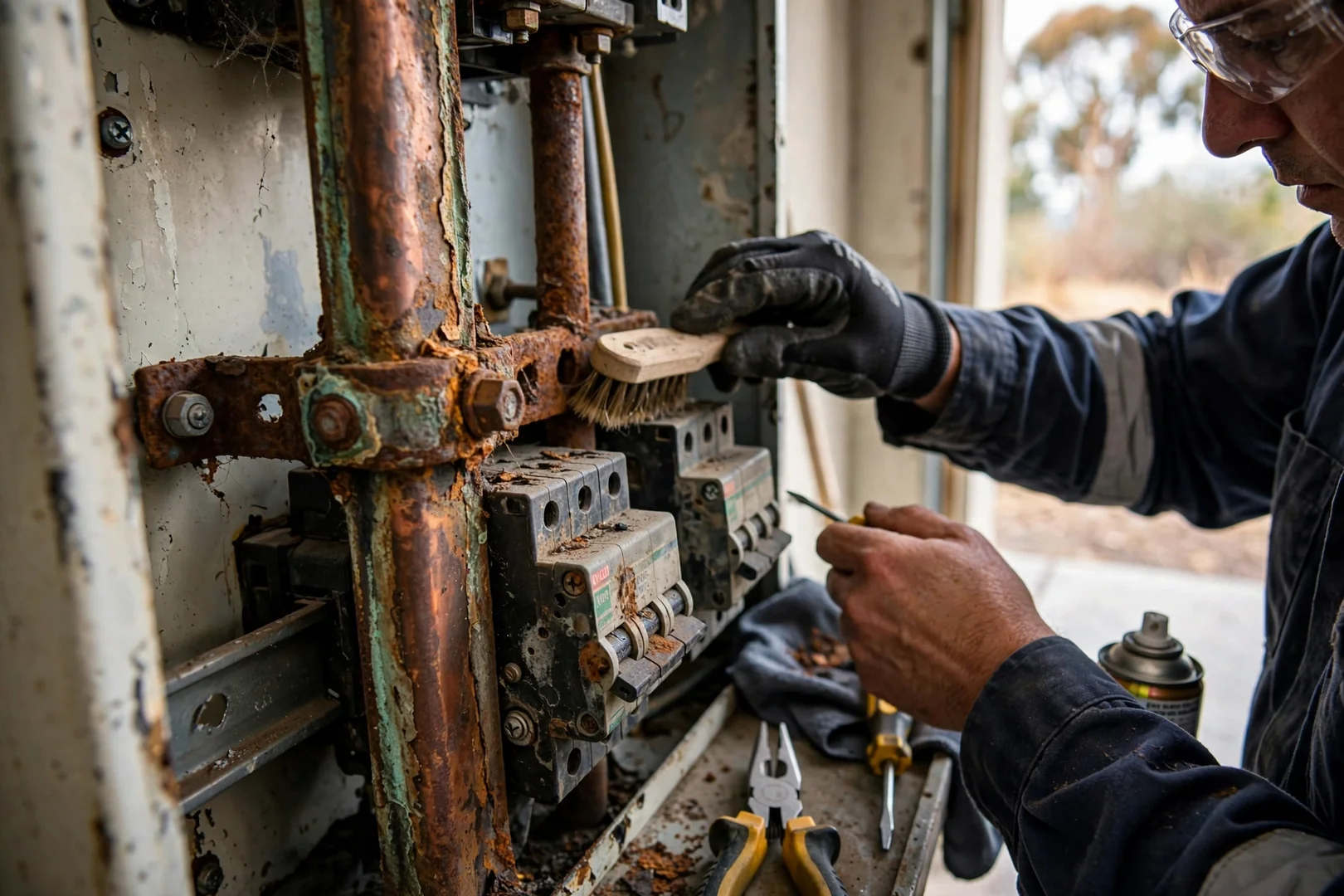 Close-up of rusted bus bar and seized breakers before panel restoration work