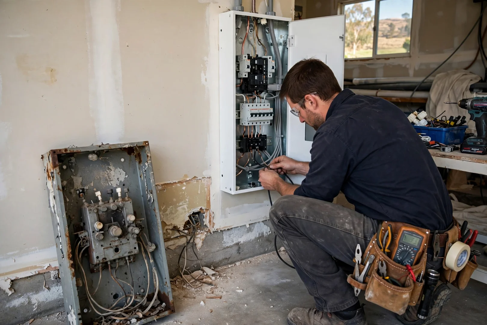 Obsolete load center removed and replaced with modern breaker panel indoors