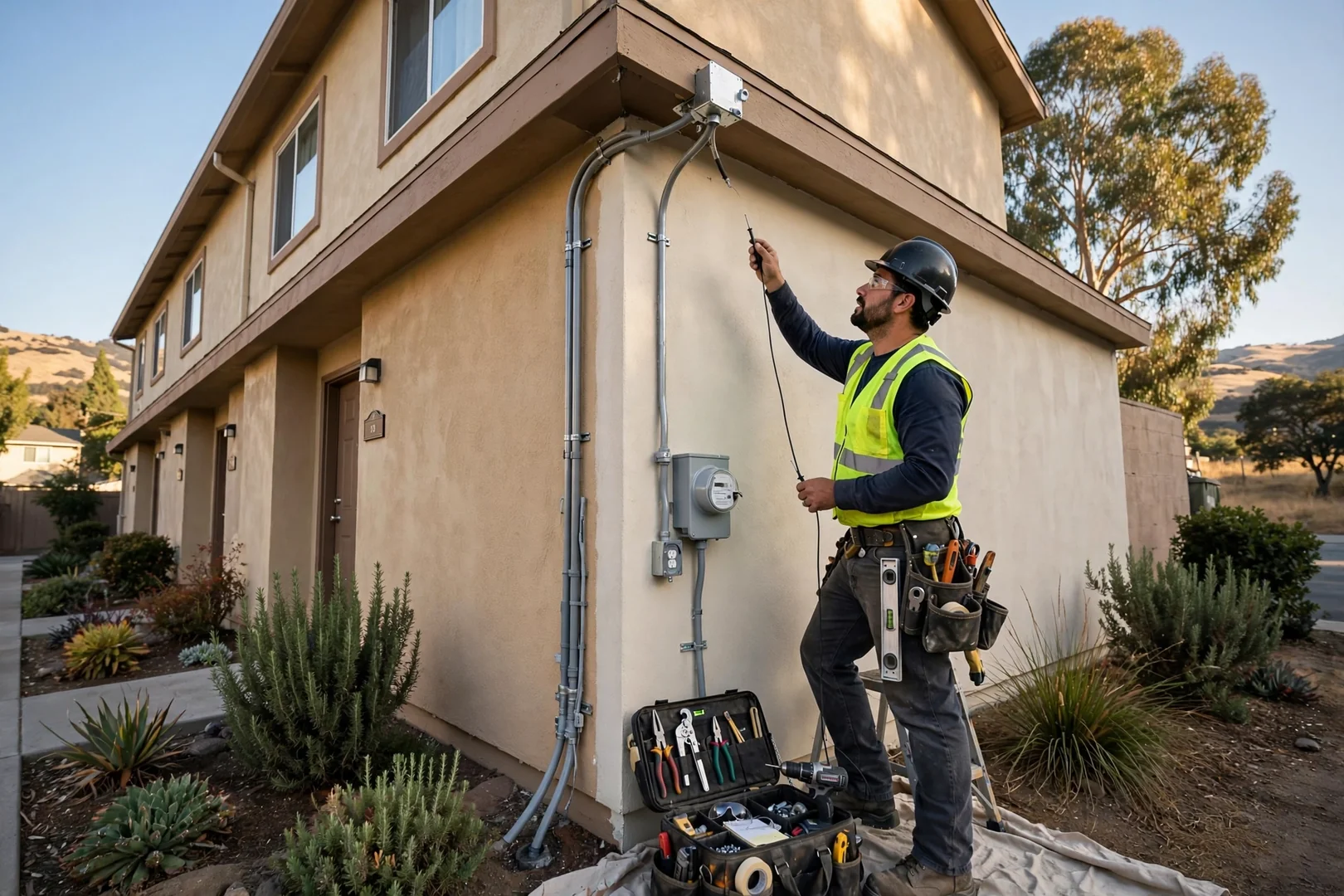 Rebuilt service entrance with rigid conduit and weatherhead on multi-unit property