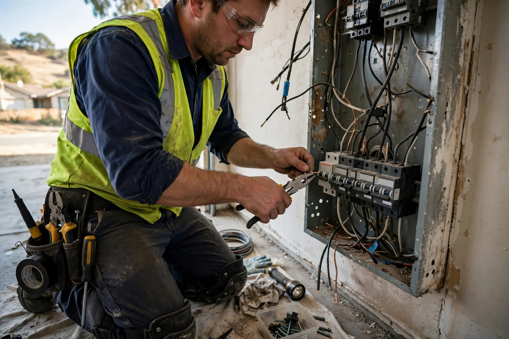 Technician re-landing branch circuit conductors on new breakers during panel replacement