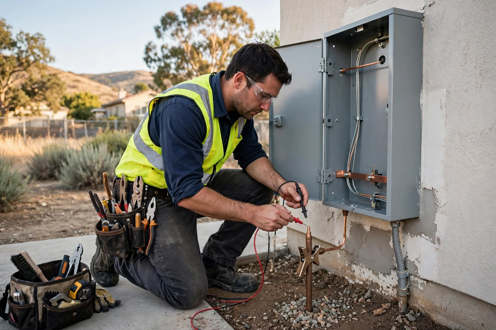 Ground rod and grounding electrode conductor connection verified beside restored panel enclosure