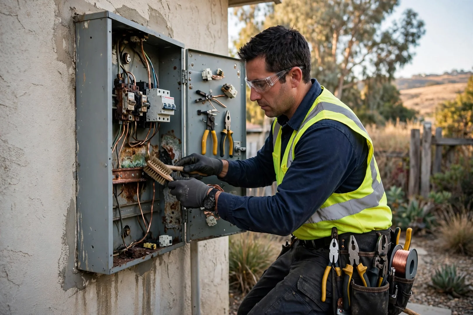 Dublin technician documenting restored panel terminations and labeled circuit directory during final walkthrough