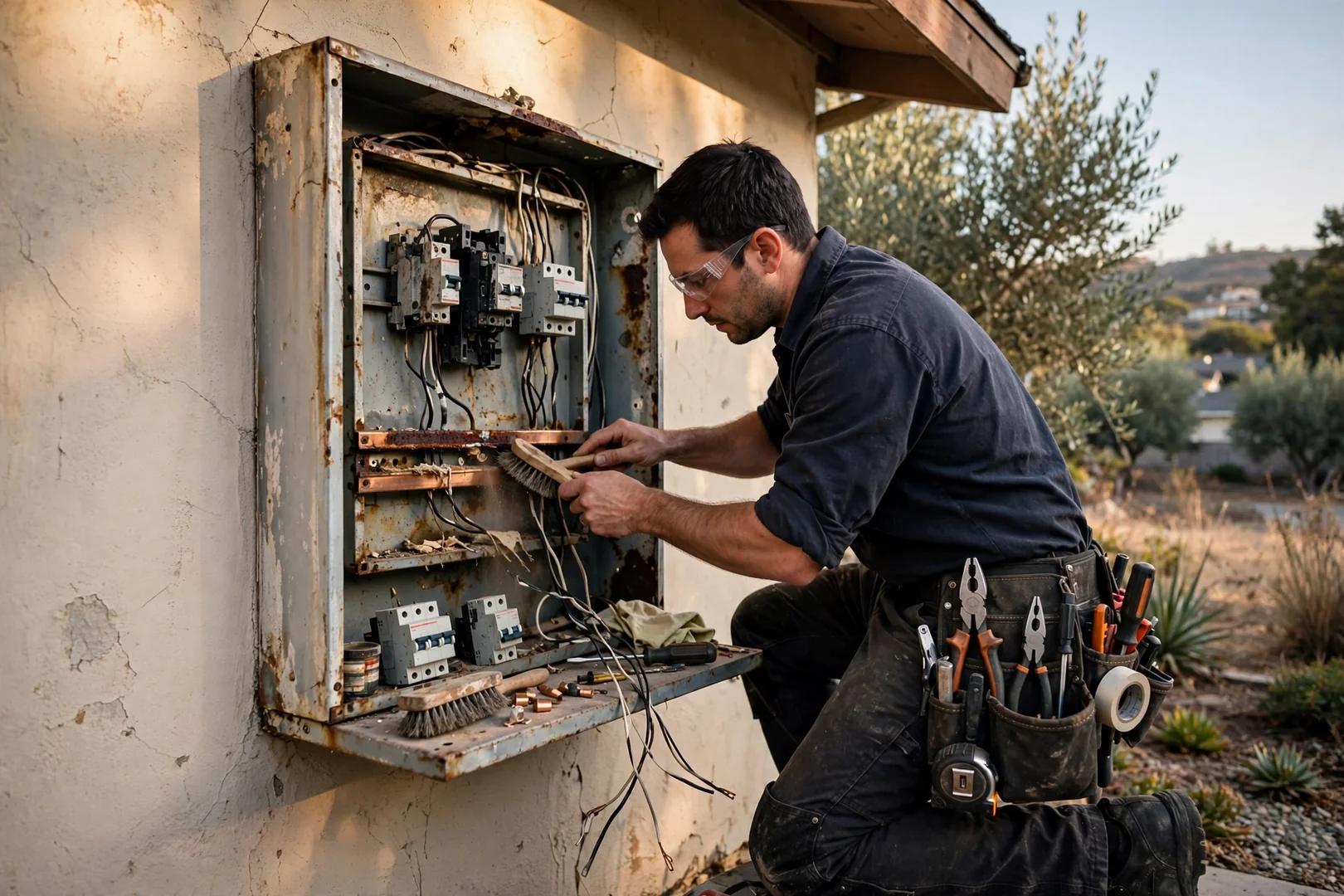 Electrician testing branch circuit voltage at an open residential panel in Dublin