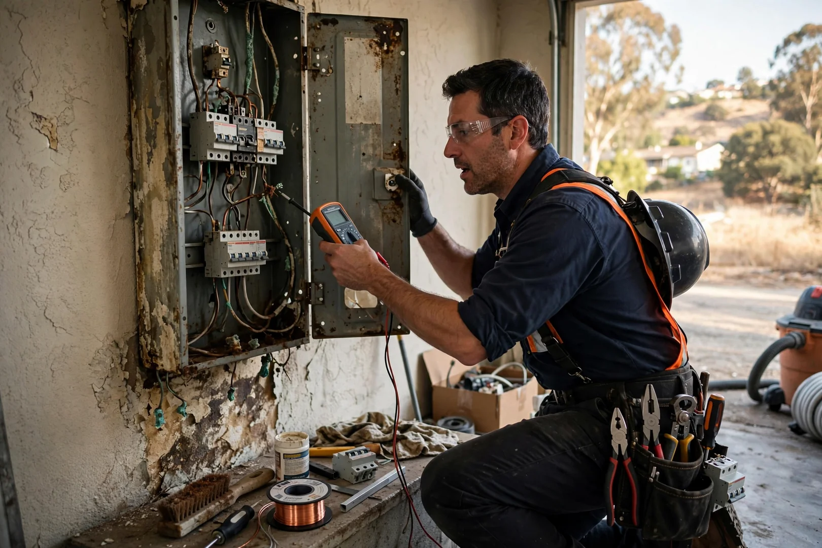 Electrician testing a repaired circuit at a residential panel in Dublin