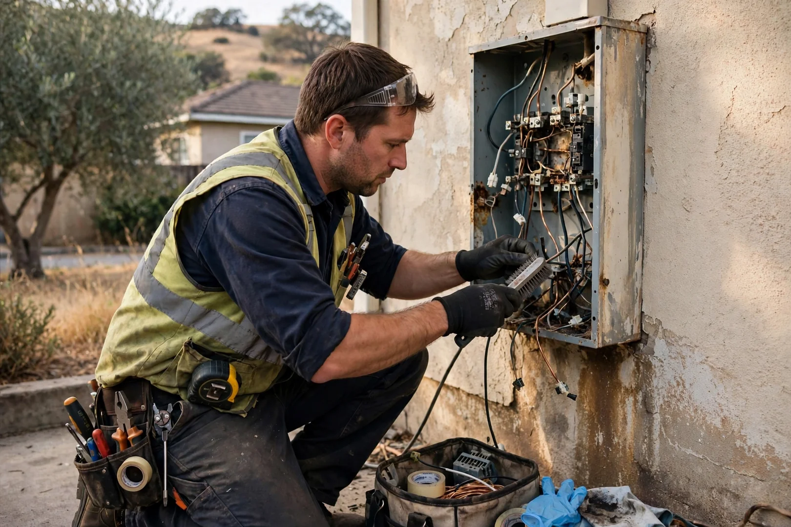 Electrician testing a repaired branch circuit inside a Dublin home